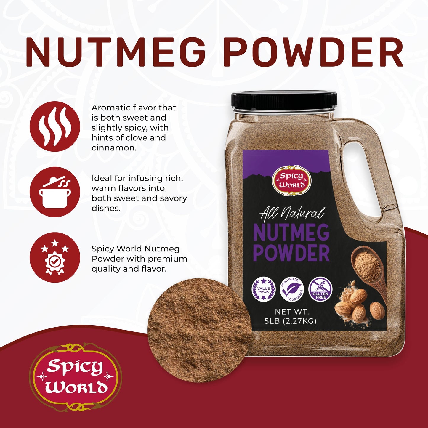 Spicy World Nutmeg Powder 5 LB Bulk Jar - Premium Quality, Ground Nutmeg Whole, Perfect for Commercial Baking, Cooking, Smoothies, Lattes & Desserts