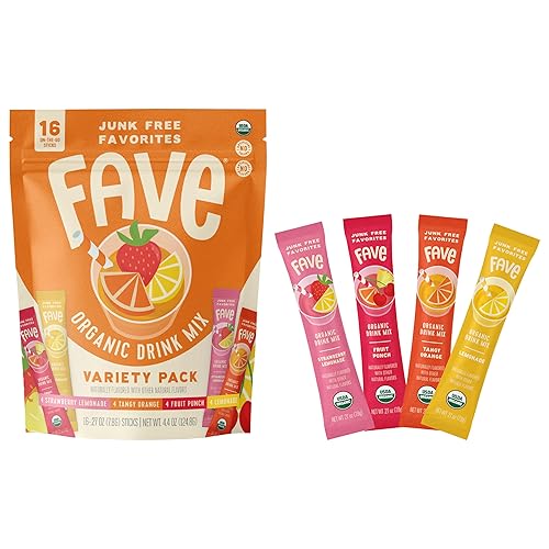 FAVE USDA Organic Drink Mix Variety Pack, 16 Stick Pouch | Lemonade, Strawberry Lemonade, Fruit Punch & Tangy Orange | No Artificial Colors or
