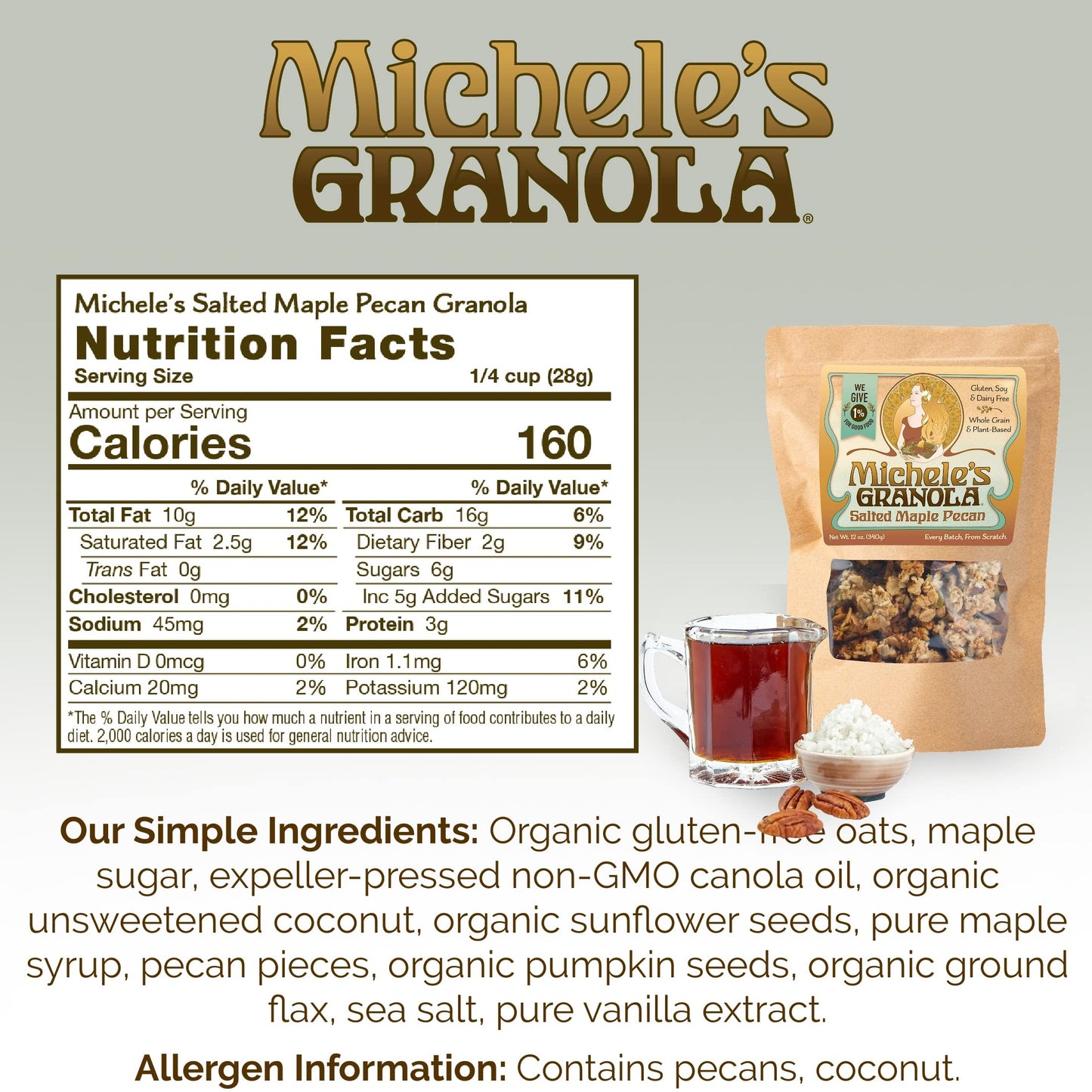 Michele's Granola Salted Maple Pecan, Gluten-Free & Non-GMO, 12 Ounce, Pack of 6