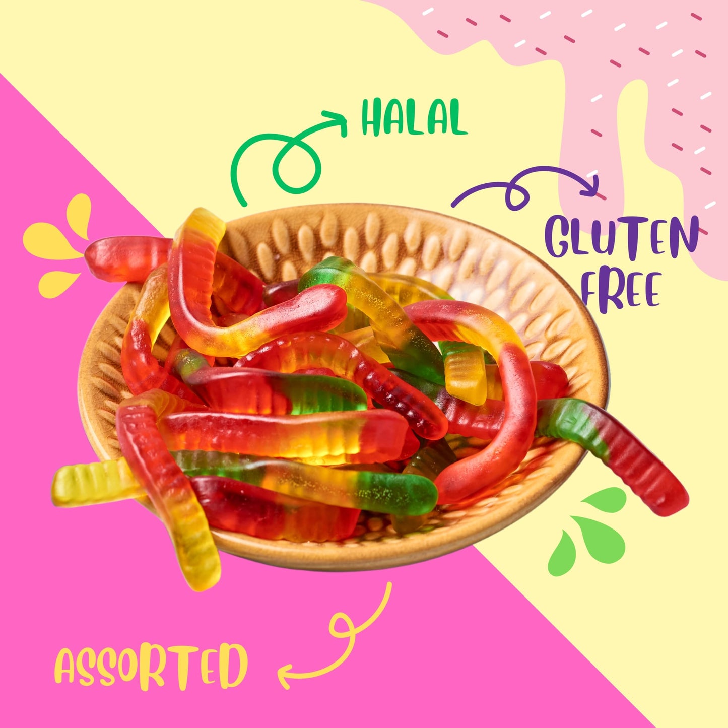 Assorted Gummy Worms Candy, Halal Candy Bulk 2 Pound Bag | Fruit Flavored Gummy Worms Candy | Sweet & Chewy Worm Gummies for Parties, Candy Buffets