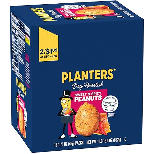 PLANTERS Sweet and Spicy Peanuts, Dry Roasted Peanuts, Spicy Nuts, Nuts Individual Packs, Party Snacks, Snack Nuts, Snacks On the Go, Kosher, 1.75oz