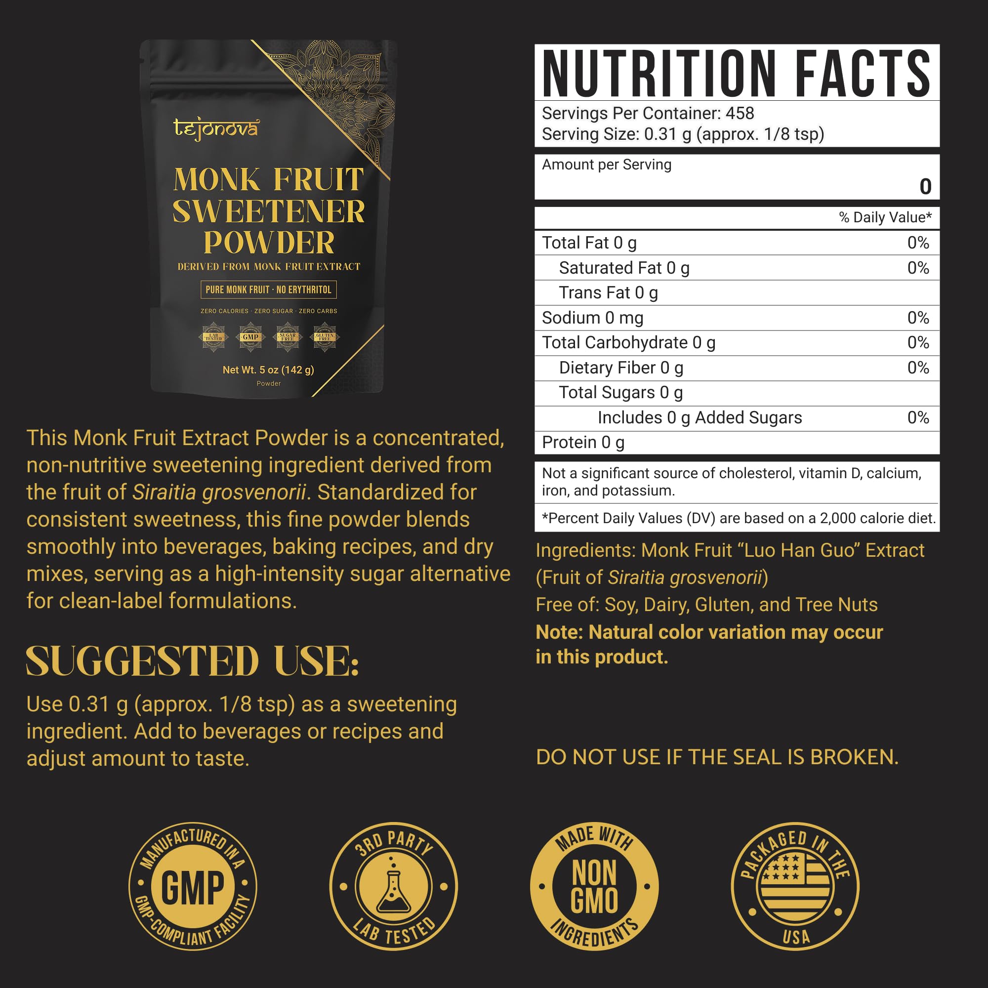 Pure Monk Fruit Sweetener No Erythritol - 100% Pure Monk Fruit Extract Powder, Zero Calorie Sugar Substitute, Keto Friendly, 5oz (450+ Servings)