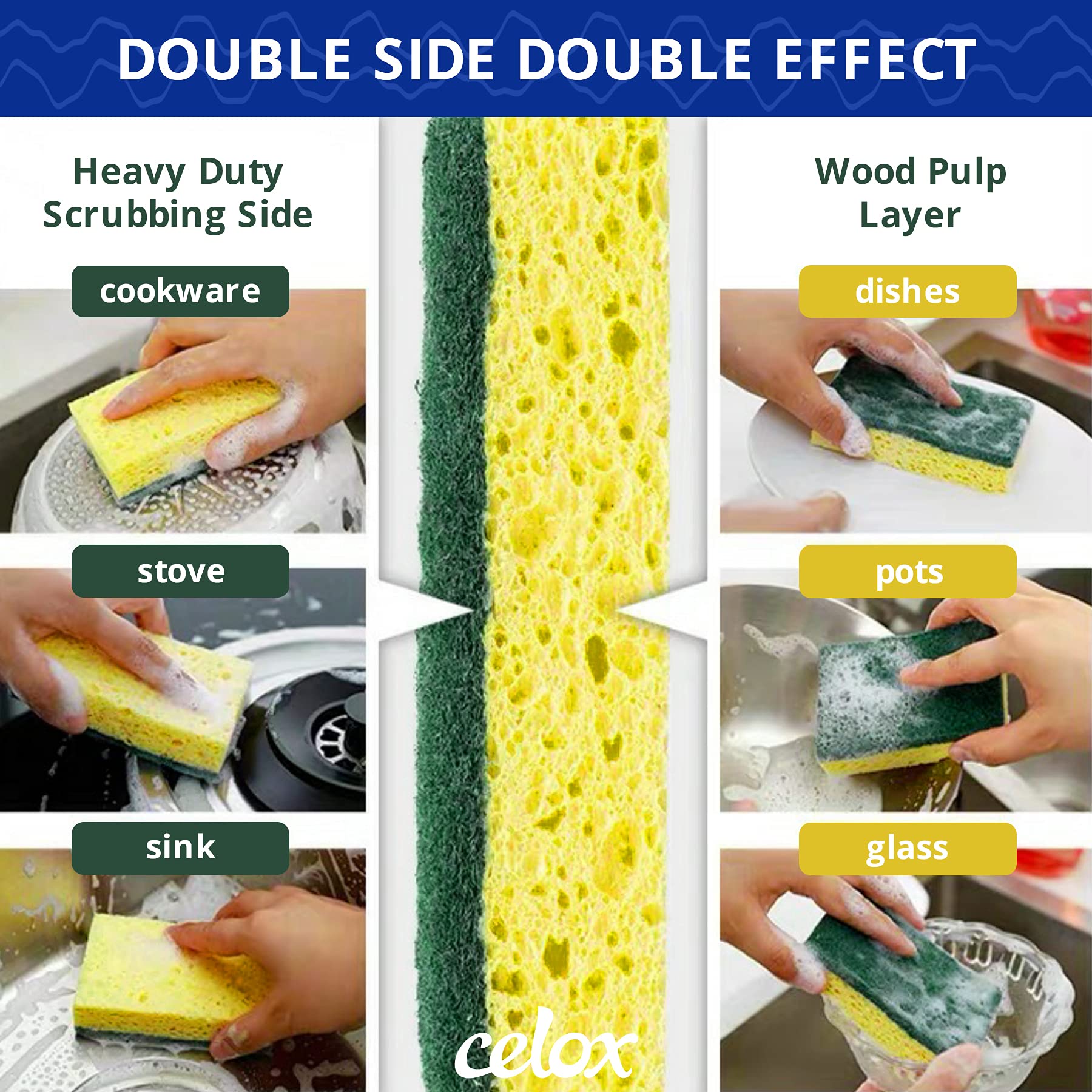 CELOX Sponges Kitchen Sponges for Dishes and Cleaning, 2-Sided Scrub Sponges Dish Sponge and Kitchen Sponge for Washing Dishes, Heavy Duty