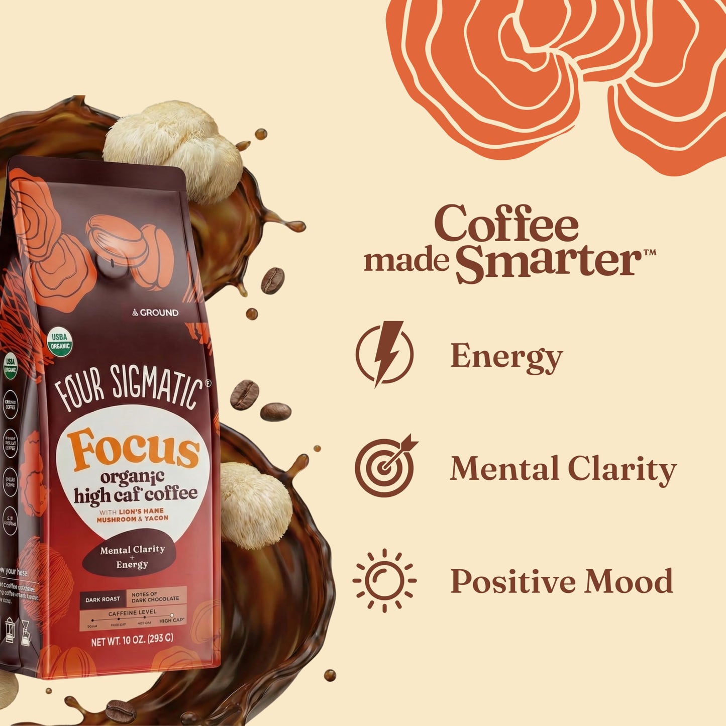 Four Sigmatic Organic High Caffeine Lion's Mane Ground Coffee, 10 OZ