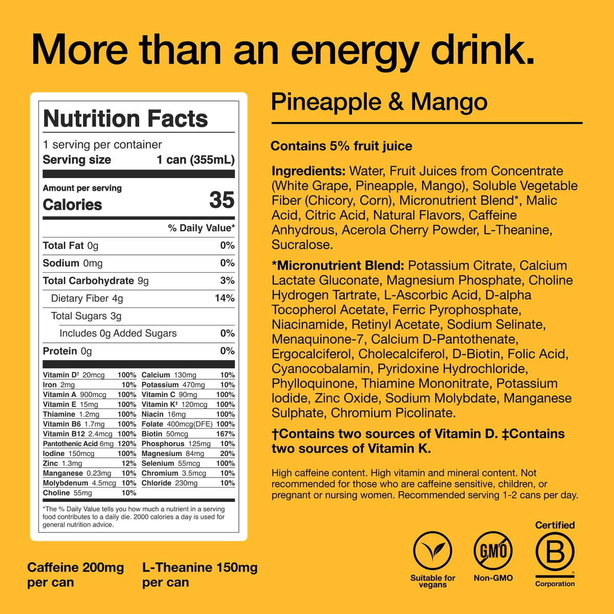 Huel Energy+ | Pineapple & Mango Energy Drink | 200mg Caffeine 35 Calories