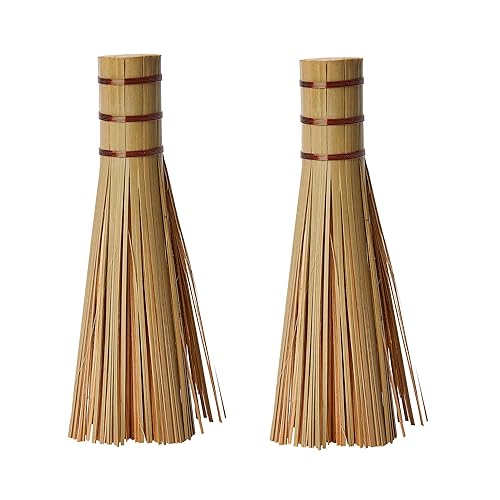 Bamboo Kitchen Wok Brush, 12 Inches Cleaning Whisk, Pot Scraper Scrubber for Cooking Skillet, 2 Pack