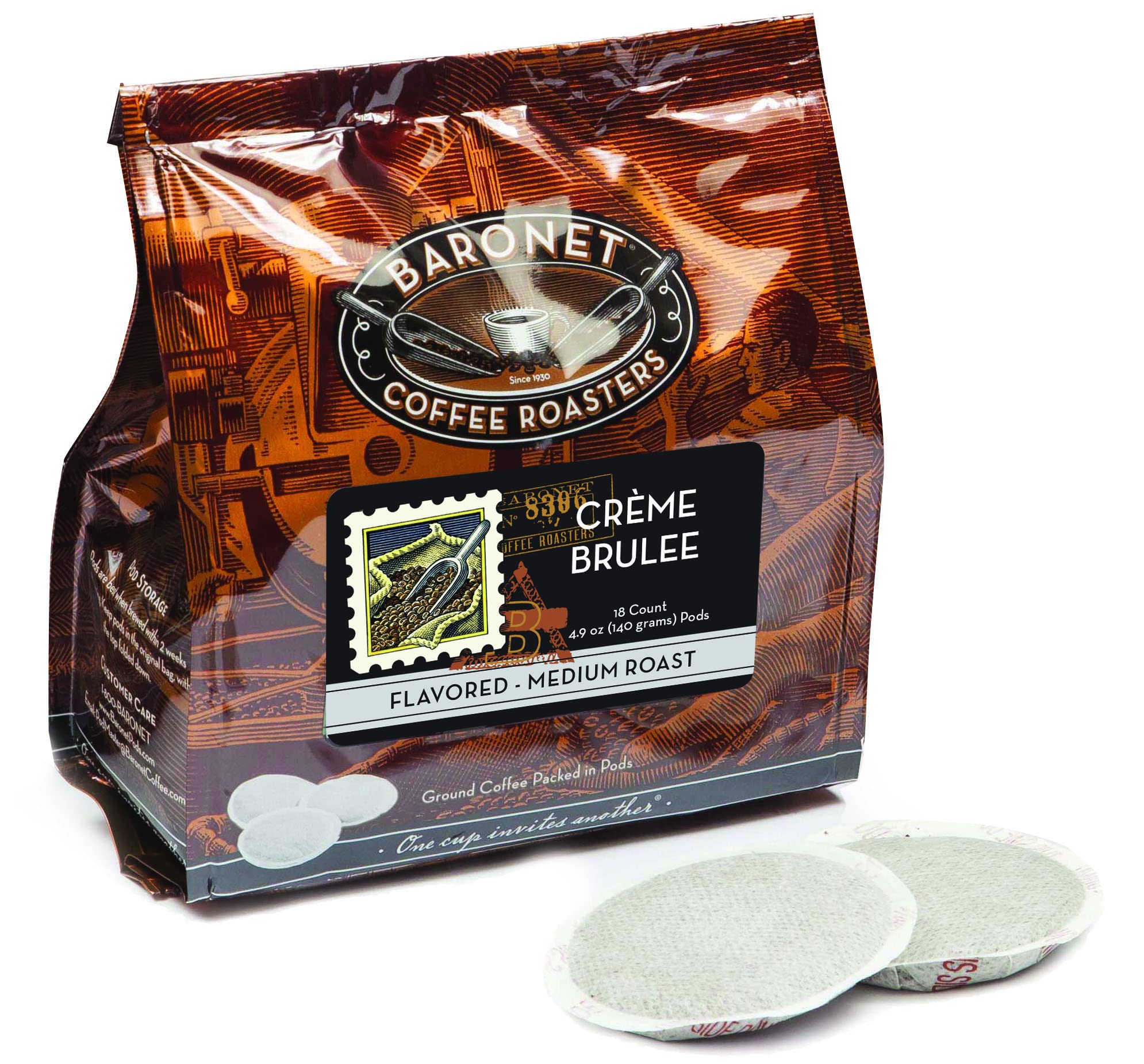 Baronet Coffee Pods [Crème Brulee Flavored-54 Pods] Single Cup Use Like Senseo - 3 Bags of 18 Single Serve 8 Gram, Regular Strength, Medium Roast