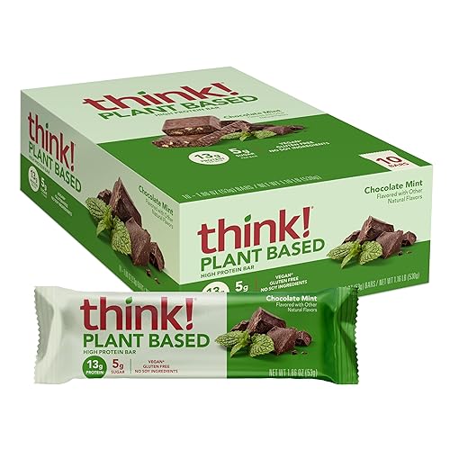 think! Vegan/Plant Based High Protein Bars - Chocolate Mint, 13g Protein, 5g Sugar, No Artificial Sweeteners, Non GMO Project Verified, 10 Count