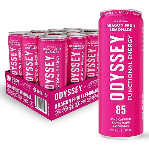 Odyssey Functional Energy Drink for Focus, Cognition & Mood Support 12 Pack - Adaptogenic Drink with 85mg Green Tea Caffeine, Lion’s Mane, Cordyceps