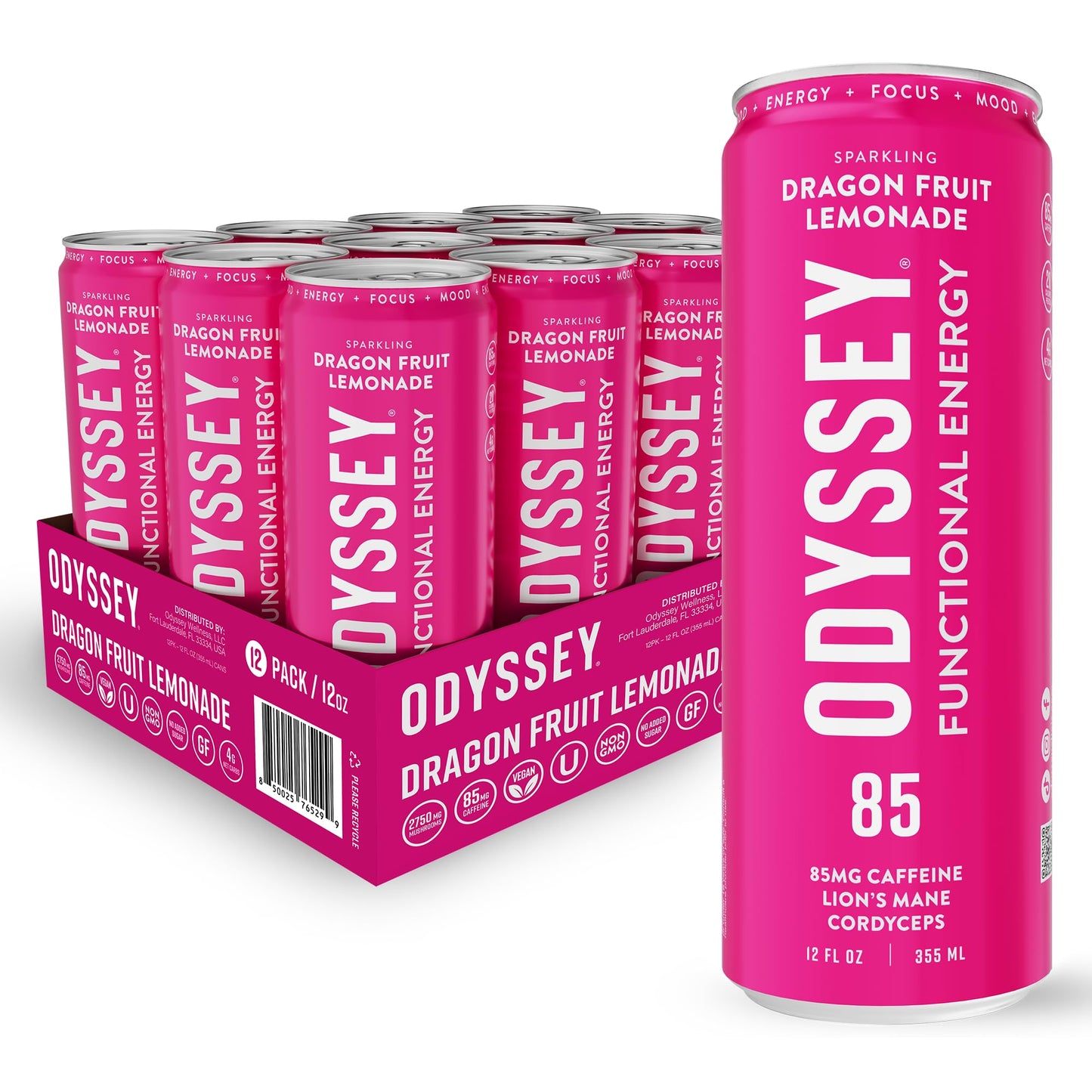 Odyssey Functional Energy Drink for Focus, Cognition & Mood Support 12 Pack - Adaptogenic Drink with 85mg Green Tea Caffeine, Lion’s Mane, Cordyceps