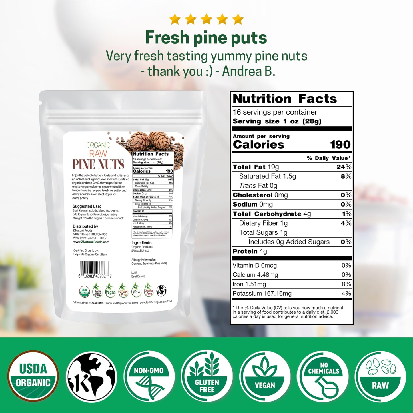 Z Natural Foods Organic Pine Nuts - Raw Nutrient-Dense Superfood Packed in Airtight Foil Pouches - Pure Pine Nut for Pesto, Trail Mix, Salad & Recipes