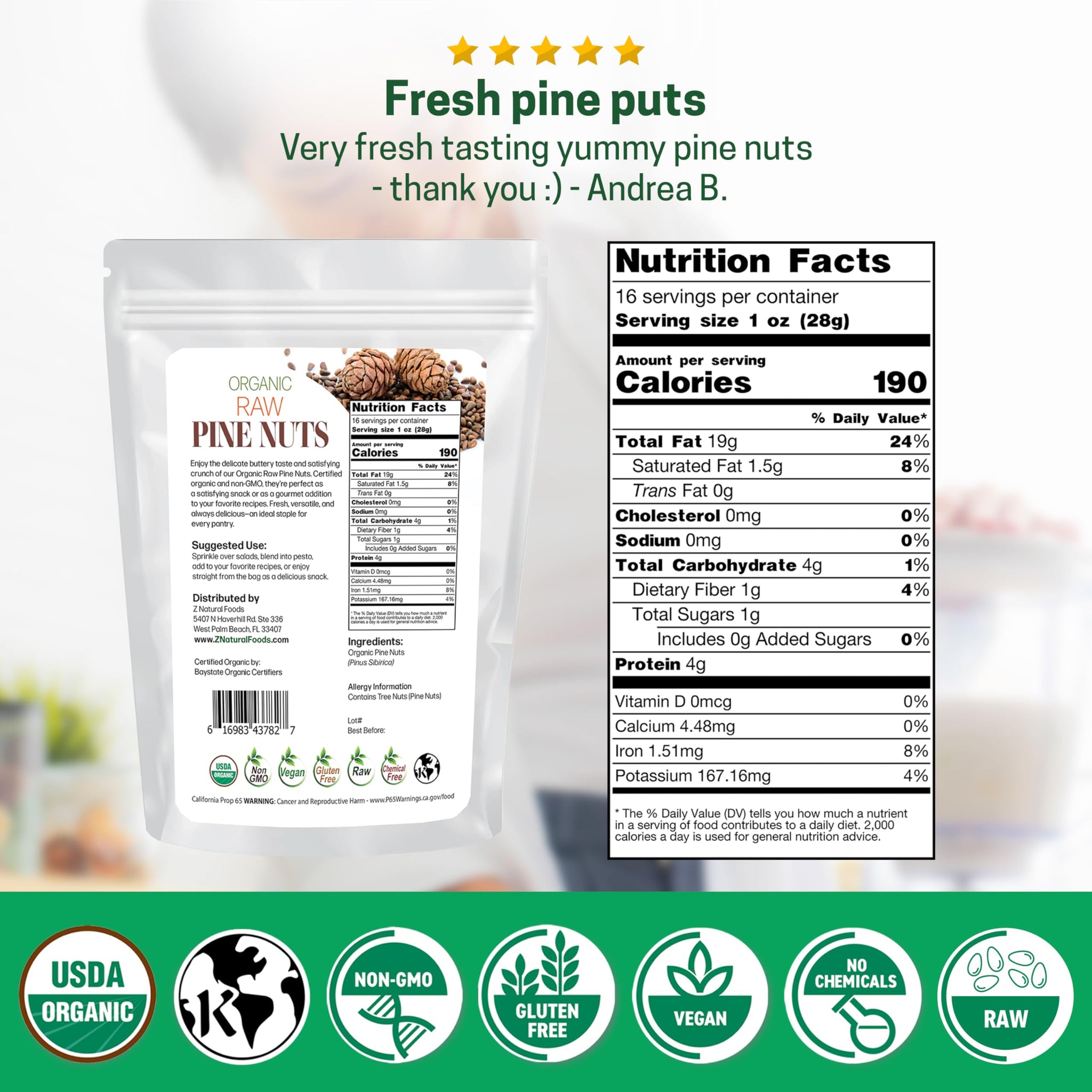Z Natural Foods Organic Pine Nuts - Raw Nutrient-Dense Superfood Packed in Airtight Foil Pouches - Pure Pine Nut for Pesto, Trail Mix, Salad & Recipes