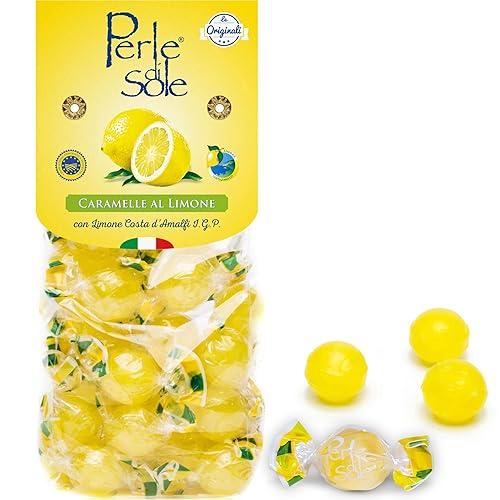Perle di Sole Italian Lemon Drops Hard Candy Individually Wrapped (7.05 oz) Made with Essential Oils of Amalfi Coast P.G.I. Lemon - Italian Imported