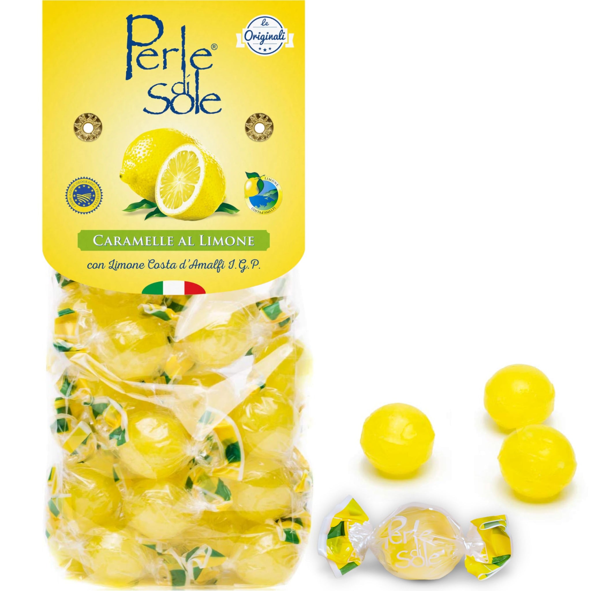 Perle di Sole Italian Lemon Drops Hard Candy Individually Wrapped (7.05 oz) Made with Essential Oils of Amalfi Coast P.G.I. Lemon - Italian Imported