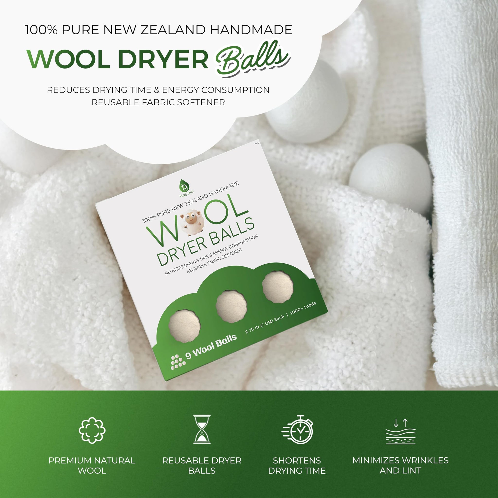 Pursonic XL Laundry Wool Dryer Balls Made with 100% Pure New Zealand Wool - Natural Reusable Fabric Softener Balls for Drying Time & Energy