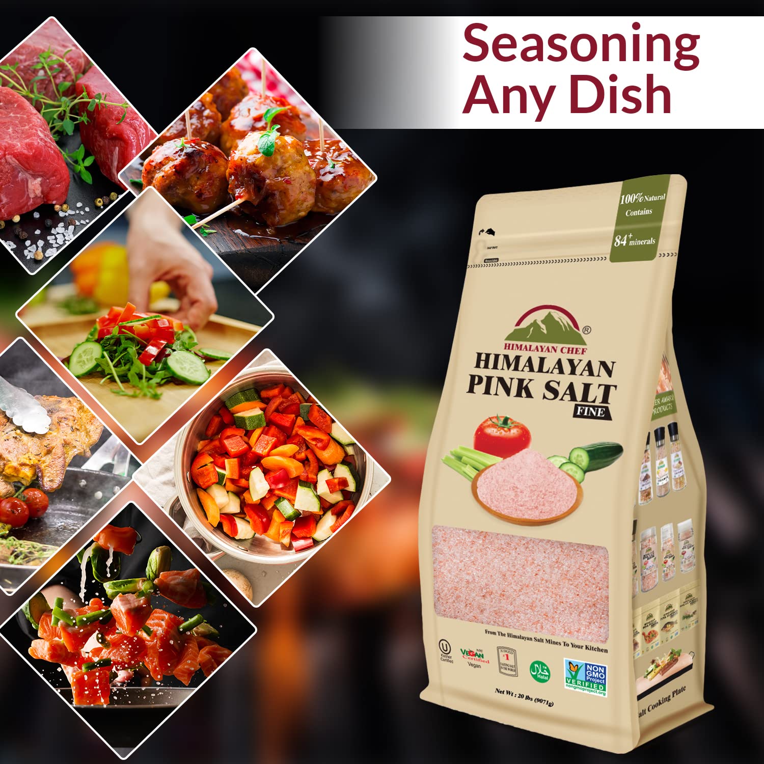 Himalayan Chef Himalayan Pink Salt, Fine Grain Bulk Size - 20 lbs, Kosher & Halal Certified, Natural & Chemical Free Rock Salt - Bag
