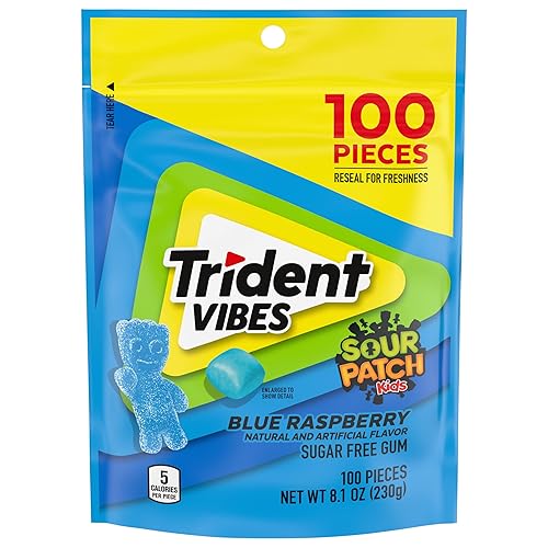 Trident Vibes SOUR PATCH KIDS Blue Raspberry Sugar Free Gum, Resealable Pouch, Pack of 1 (100 Pieces)