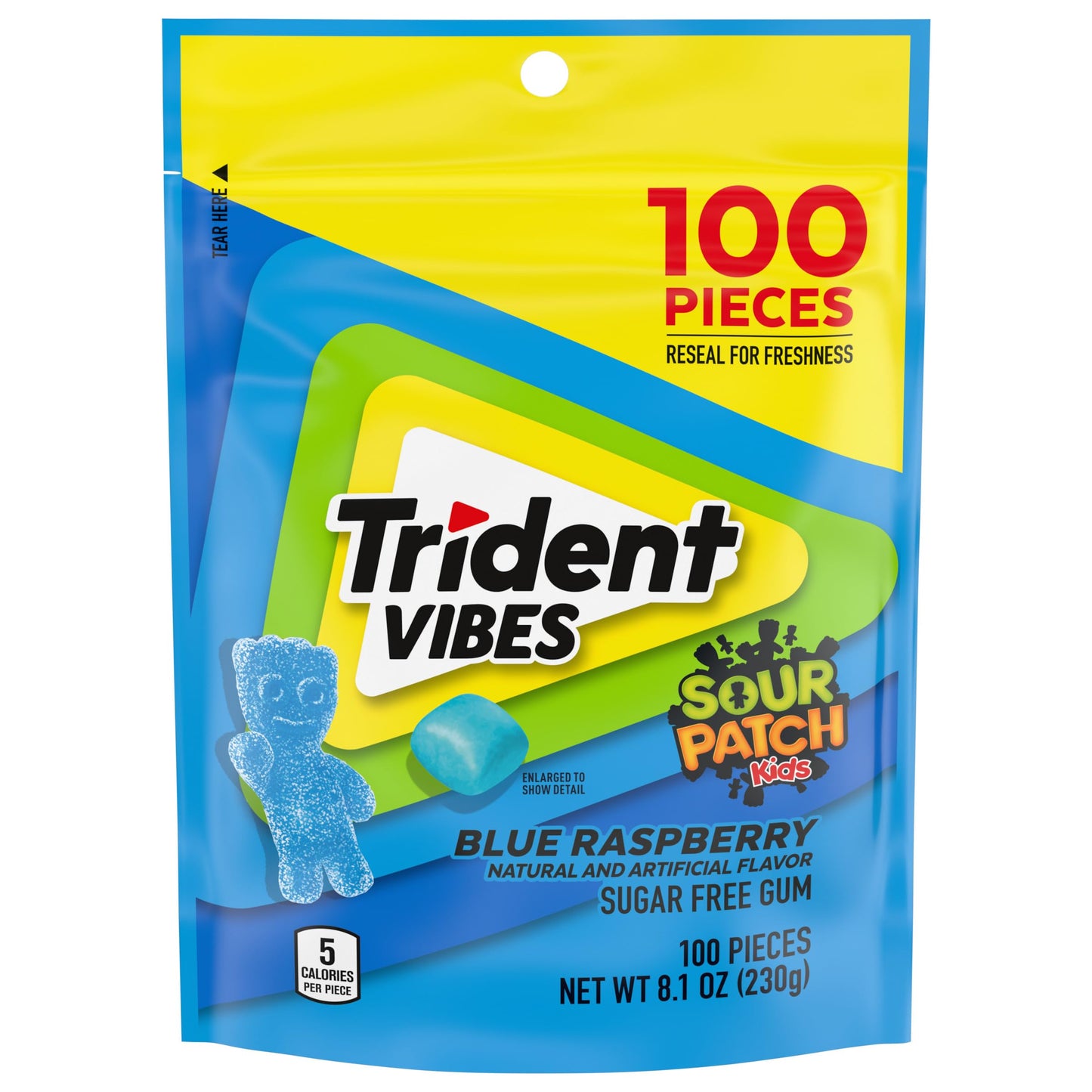 Trident Vibes SOUR PATCH KIDS Blue Raspberry Sugar Free Gum, Resealable Pouch, Pack of 1 (100 Pieces)