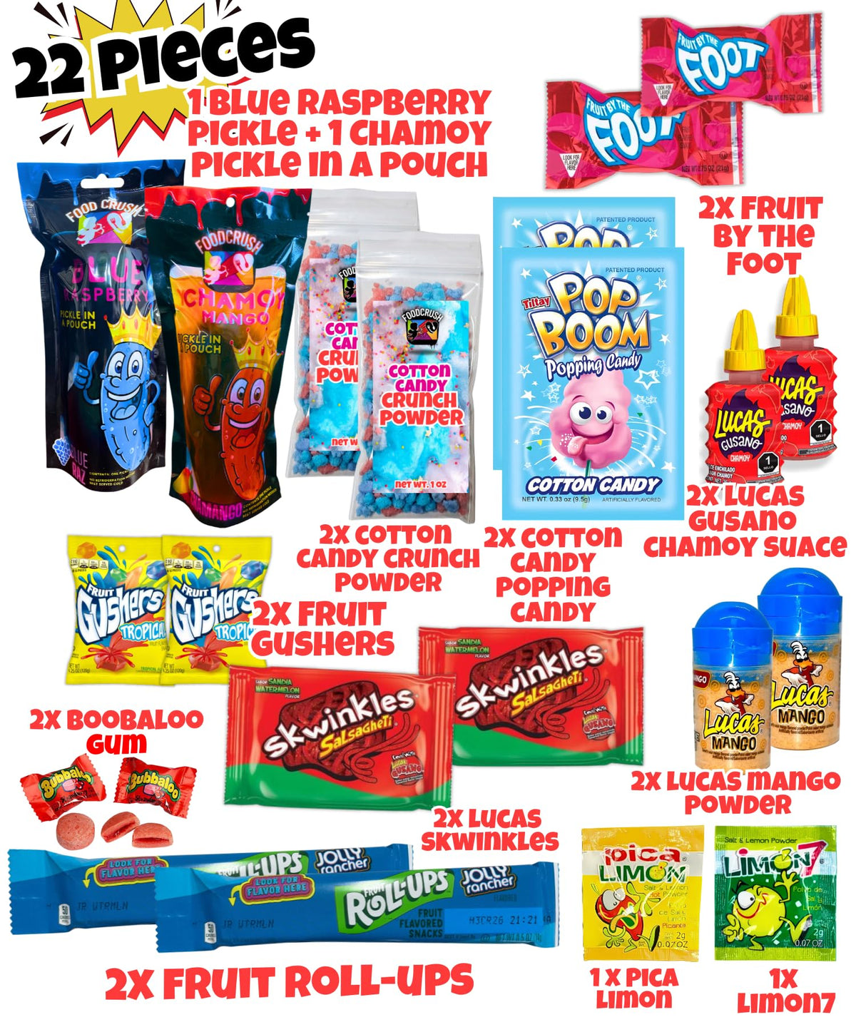 Chamoy Pickle Kit For 2 + Blue Raspberry Pickle Kit-(22 Pieces) Tiktok Candy Gift w Fruit Roll ups, skwinkles & other Mexican candy. Christmas gifts