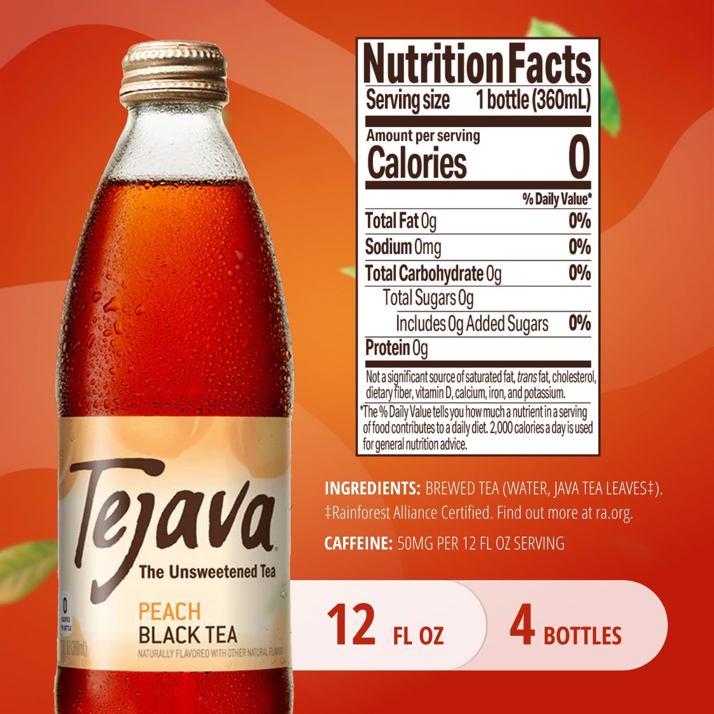 Tejava Peach Black Iced Tea, 4 Pack, 12oz Glass Bottles, Unsweetened, Non-GMO, Kosher, No Sugar or Sweeteners, No calories, No Preservatives, Brewed