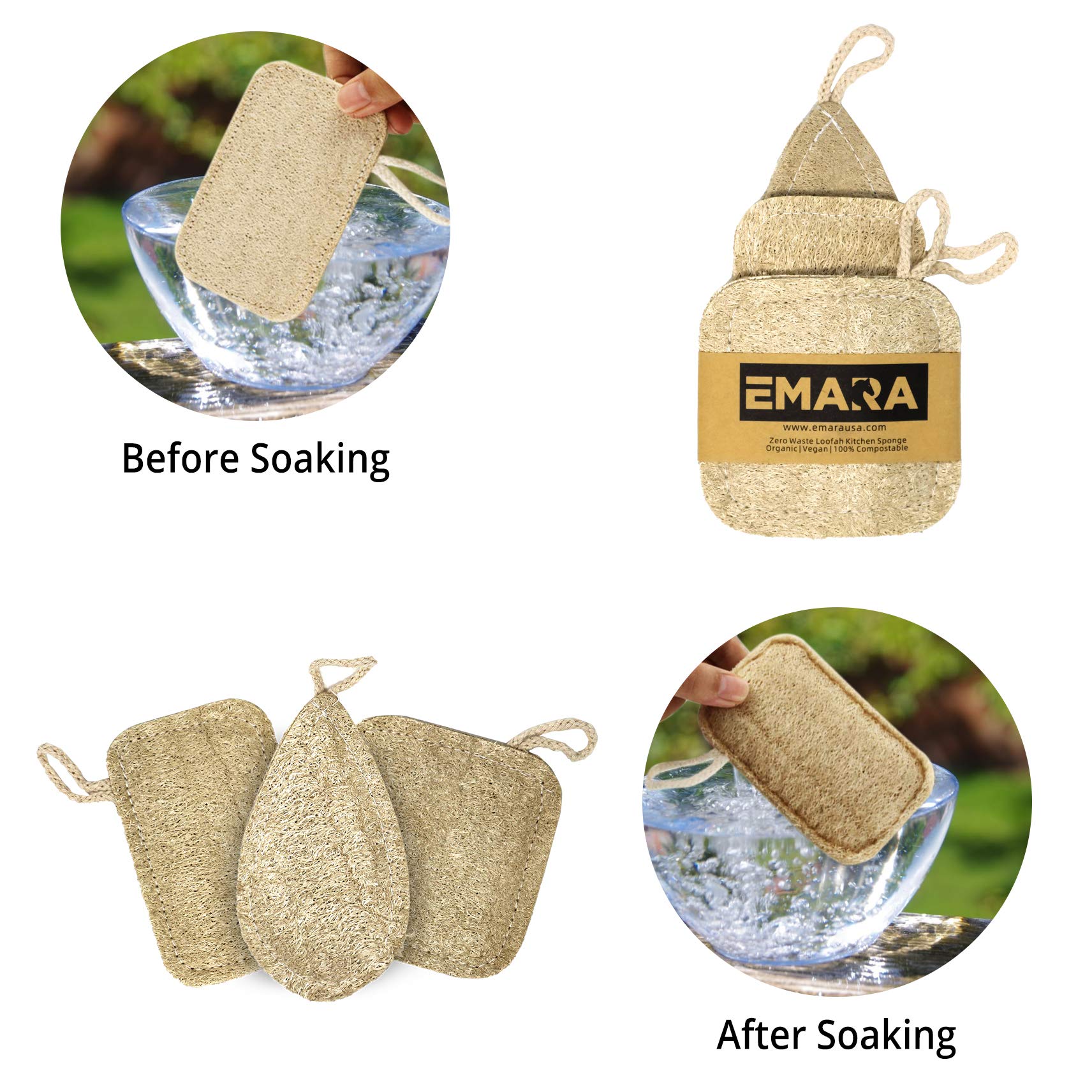 EMARA All Natural Kitchen Sponge Set of 3, Zero Waste Loufa, Organic, Vegan, 100% Biodegradable and Compostable, Durable, Reusable, Eco-Friendly