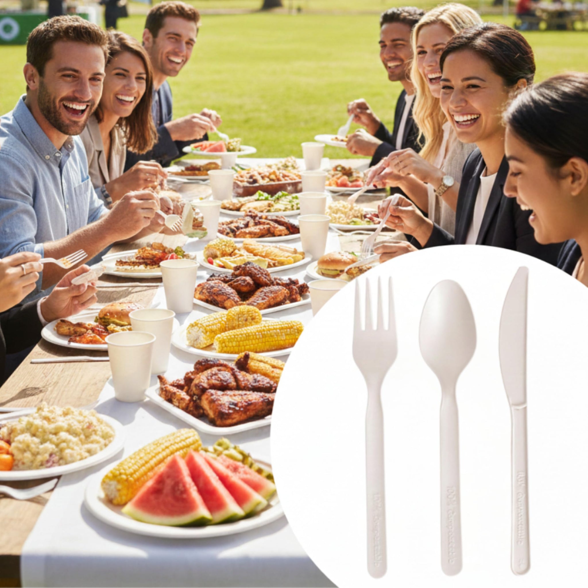 100% Compostable Cutlery Set - 300pc Disposable Forks, Spoons & Knives | Heavy-Duty 7" Plant-Based Utensils | Heat Resistant, Eco-Friendly Alternative