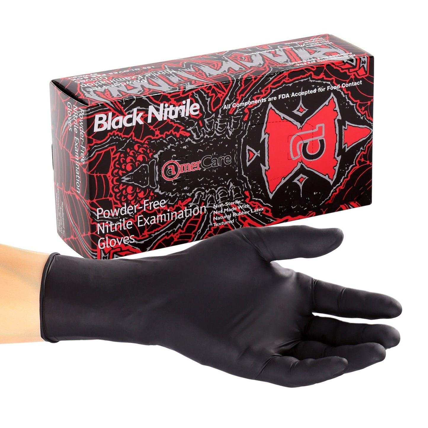 AmerCareRoyal Black Widow Nitrile Latex Free Disposable Gloves - Powder-Free, Exam Grade Gloves with Textured Grip - Small, Black, Case of 1000
