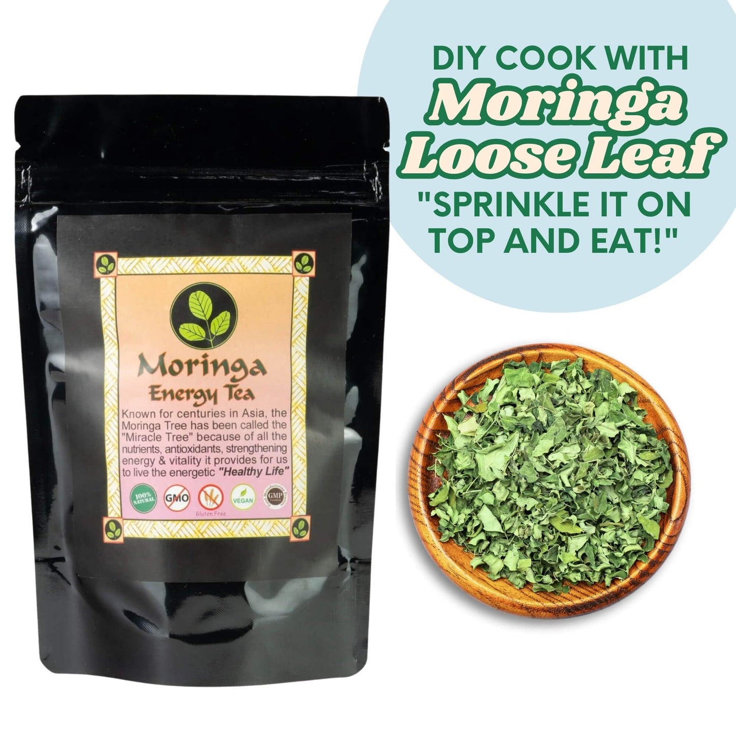 MORINGA ENERGY TEA - Loose leaf 3 oz. Natural, hand harvested and freshly packaged with 100% Pure Moringa Leaves.