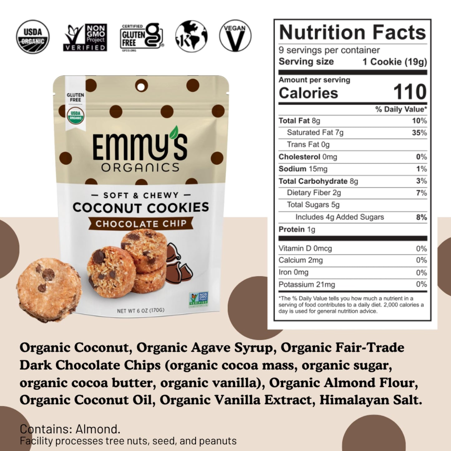Emmy's Organics Chocolate Chip Coconut Cookies (Pack of 2)| Gluten-Free, Organic, Vegan, Paleo-Friendly