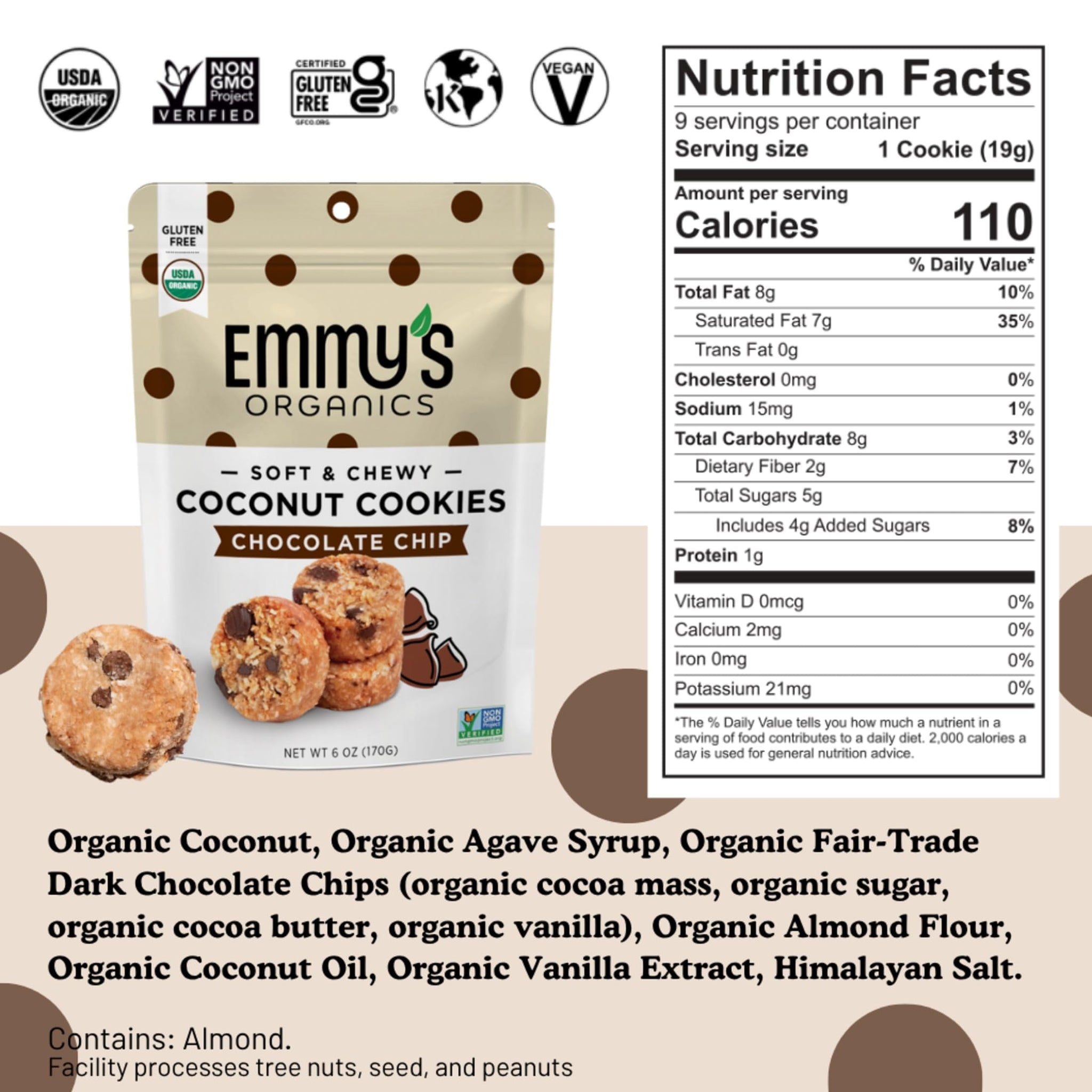 Emmy's Organics Chocolate Chip Coconut Cookies (Pack of 2)| Gluten-Free, Organic, Vegan, Paleo-Friendly