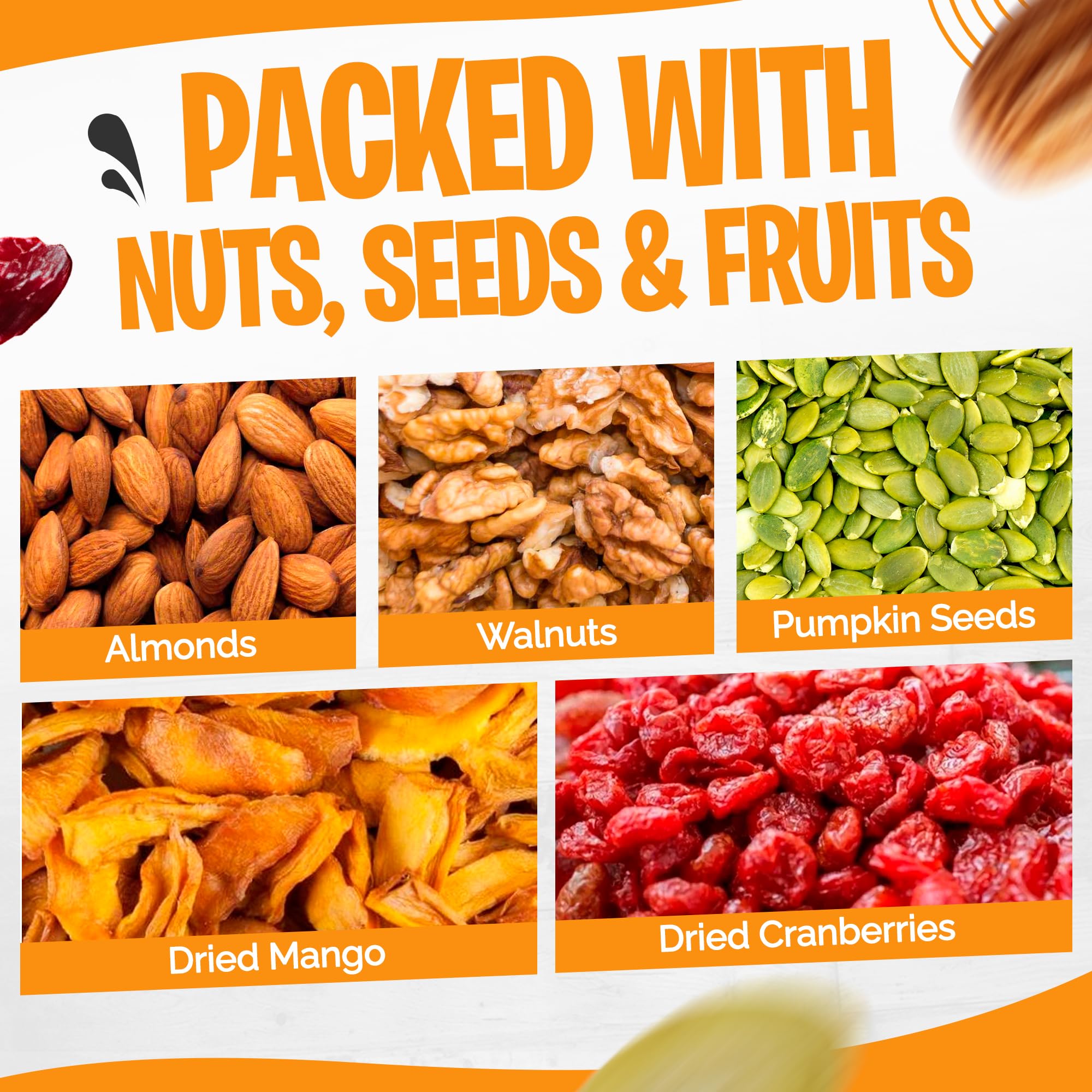 Tidbit Peanut Free Healthy Trail Mix with Almonds, Walnuts, Pumpkin Seeds, Dried Mango & Cranberries - Mixed Nuts with Omega Energy, Vegan Gluten Free