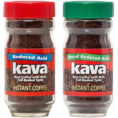 Kava Low Acid Instant Coffee Lover Bundle Set, 4 Ounce Glass Jar of Each, Regular & Decaf