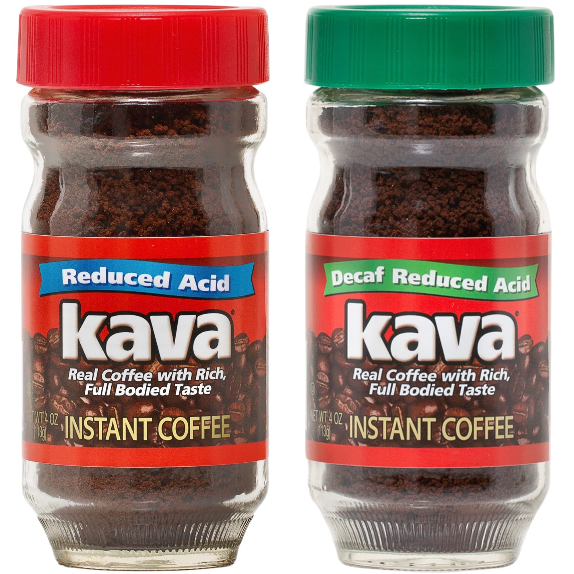 Kava Low Acid Instant Coffee Lover Bundle Set, 4 Ounce Glass Jar of Each, Regular & Decaf