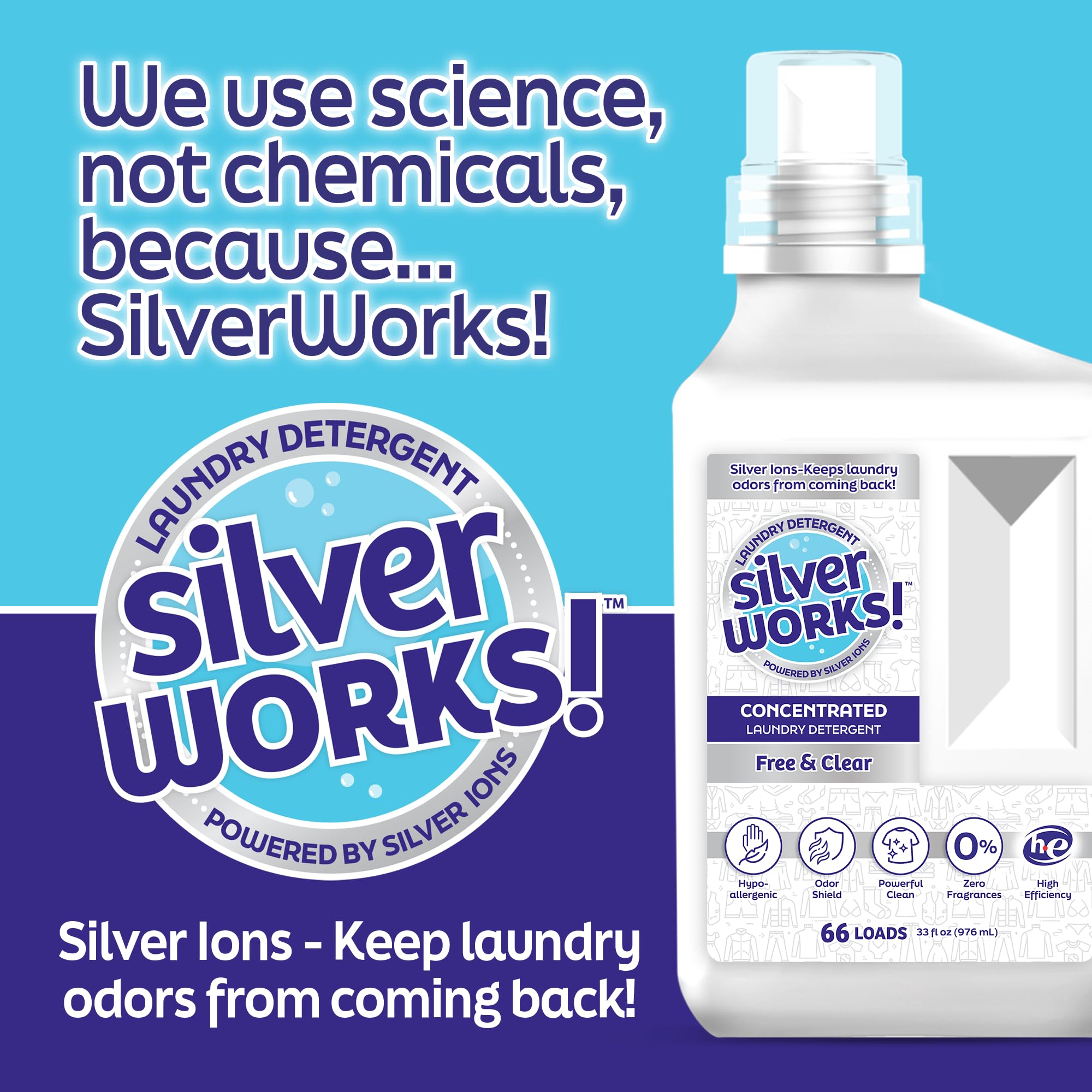 SilverWorks! Powerful Odor Eliminating Laundry Detergent Liquid, Silver Ion Deodorizer Technology, Laundry Odor Eliminator For Clothes, Cleans