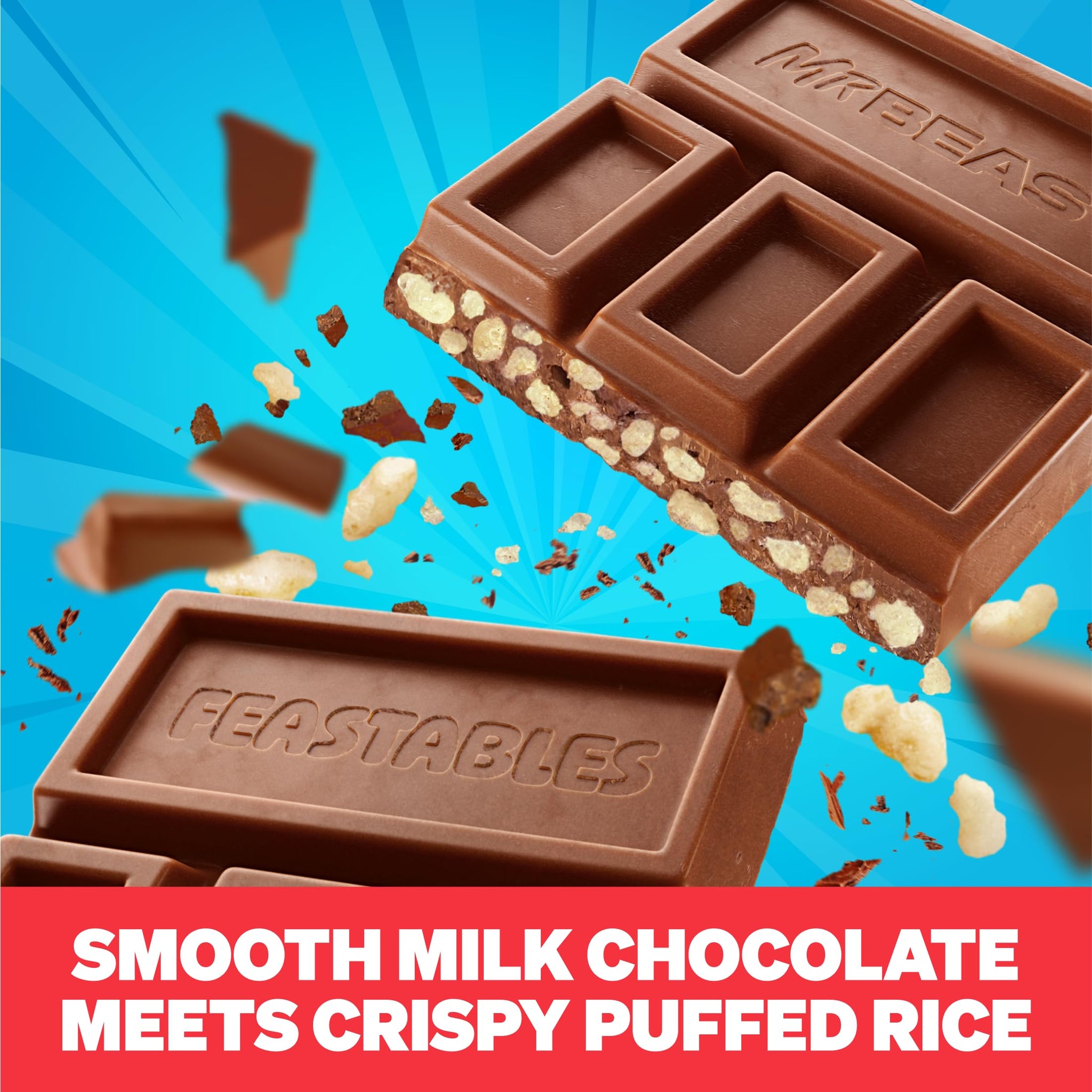 MrBeast Feastables Milk Chocolate Crunch Bar, King Size, 10 Count, Crispy Rice Chocolate Candy, Fairtrade Cocoa, 2.1oz Each