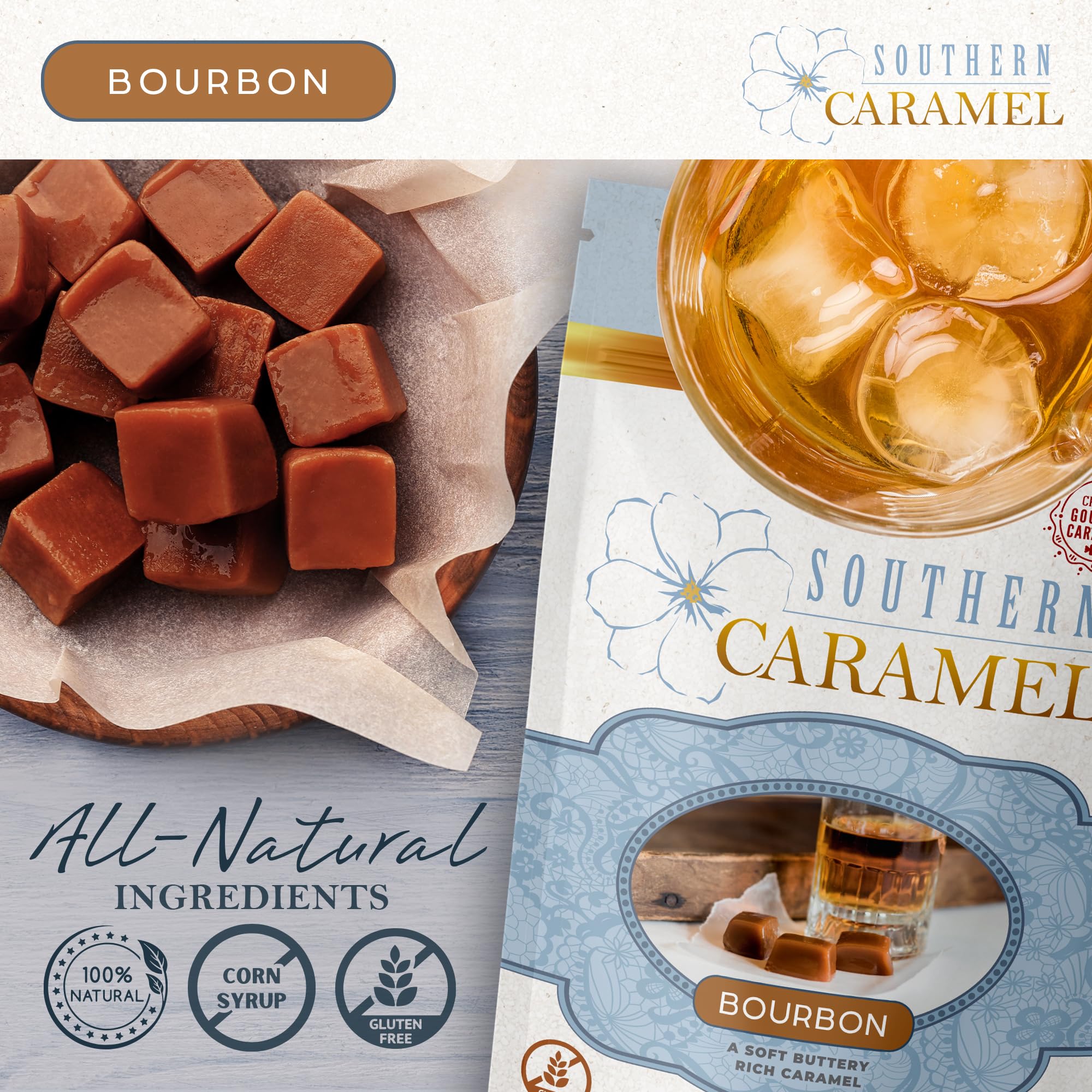 Southern Caramel Bourbon Caramels, Soft Buttery Gourmet Caramel Candy Infused with Smooth, Top-Shelf Bourbon, Handcrafted, Small Batch, Gluten Free