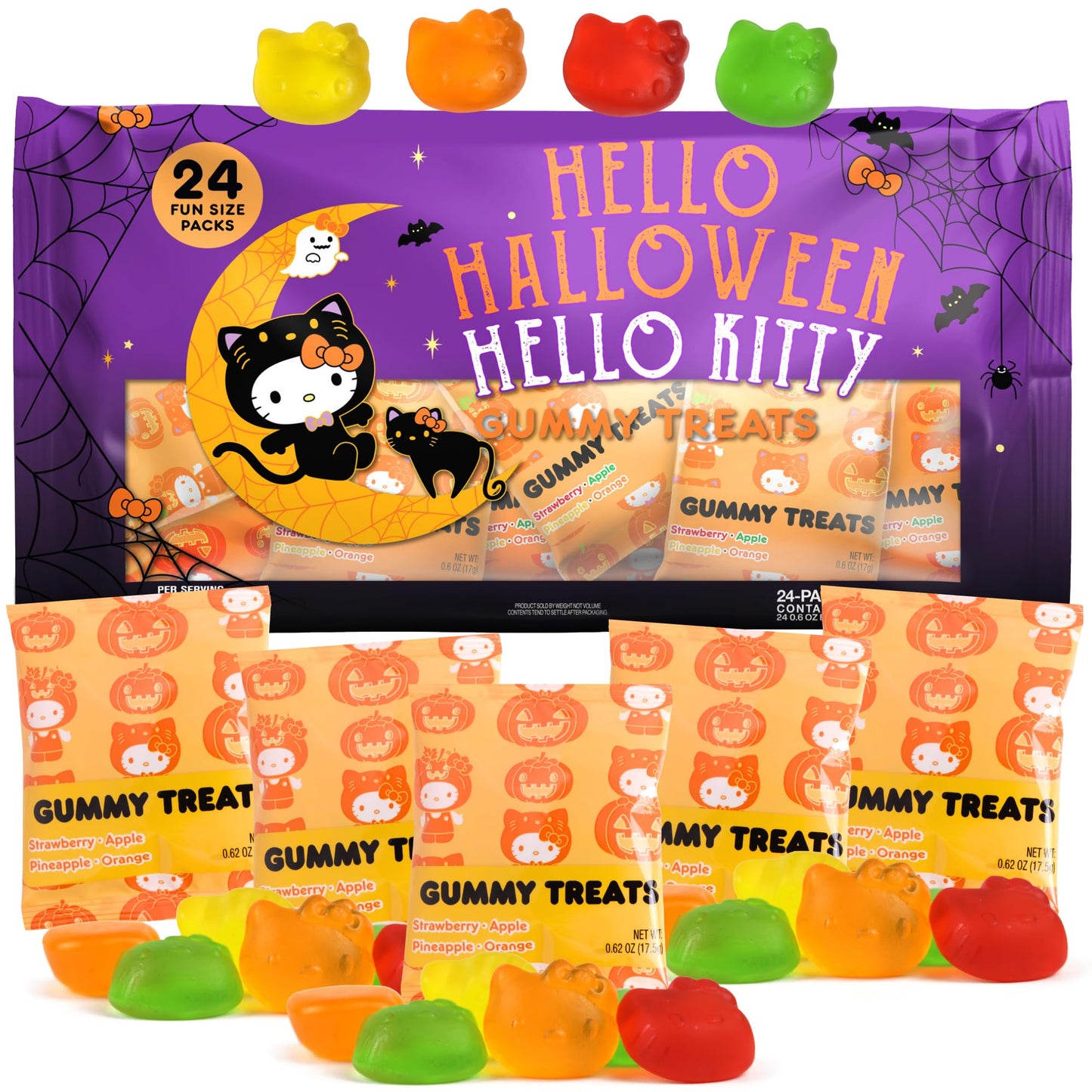 Halloween Hello Kitty Trick or Treat Candy, Individual Bags for Handouts or Parties, Assorted Fruit Gummies, 24 Count