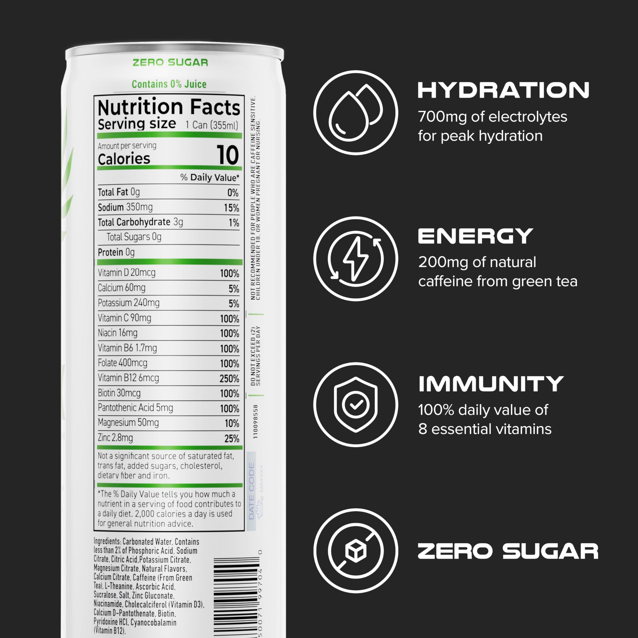 PHX Hydration Energy Drink - 700mg Electrolytes, 200mg Natural Green Tea Caffeine, 100% Daily Value 8 Essential Vitamins - 12 oz Cans (12 Pack) (12