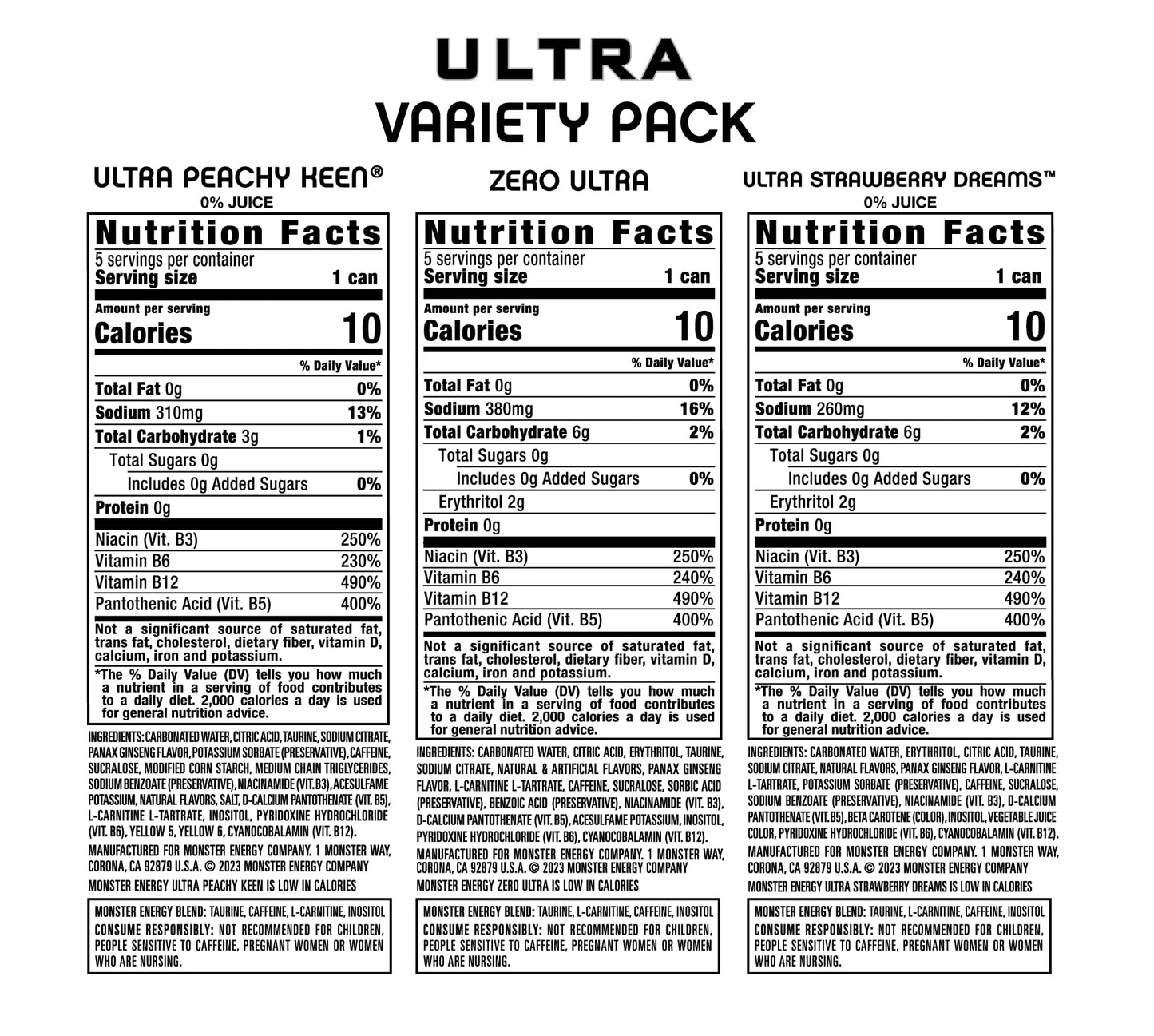 Monster Energy Ultra 3 Flavor Variety Pack, Zero Ultra, Ultra Peachy Keen, Ultra Strawberry Dreams, Sugar Free Energy Drink, 16 Ounce (Pack of 12)