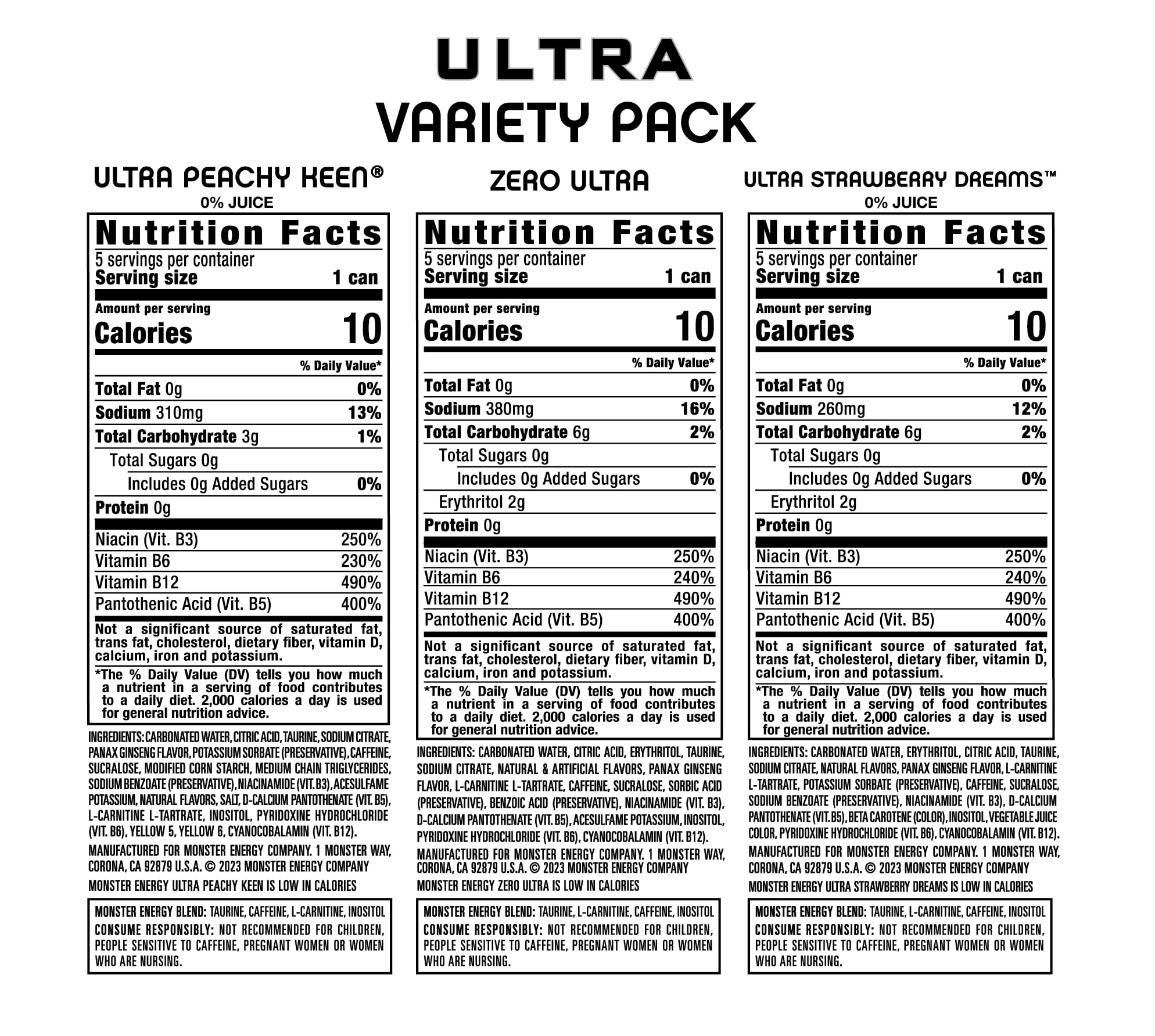 Monster Energy Ultra 3 Flavor Variety Pack, Zero Ultra, Ultra Peachy Keen, Ultra Strawberry Dreams, Sugar Free Energy Drink, 16 Ounce (Pack of 12)