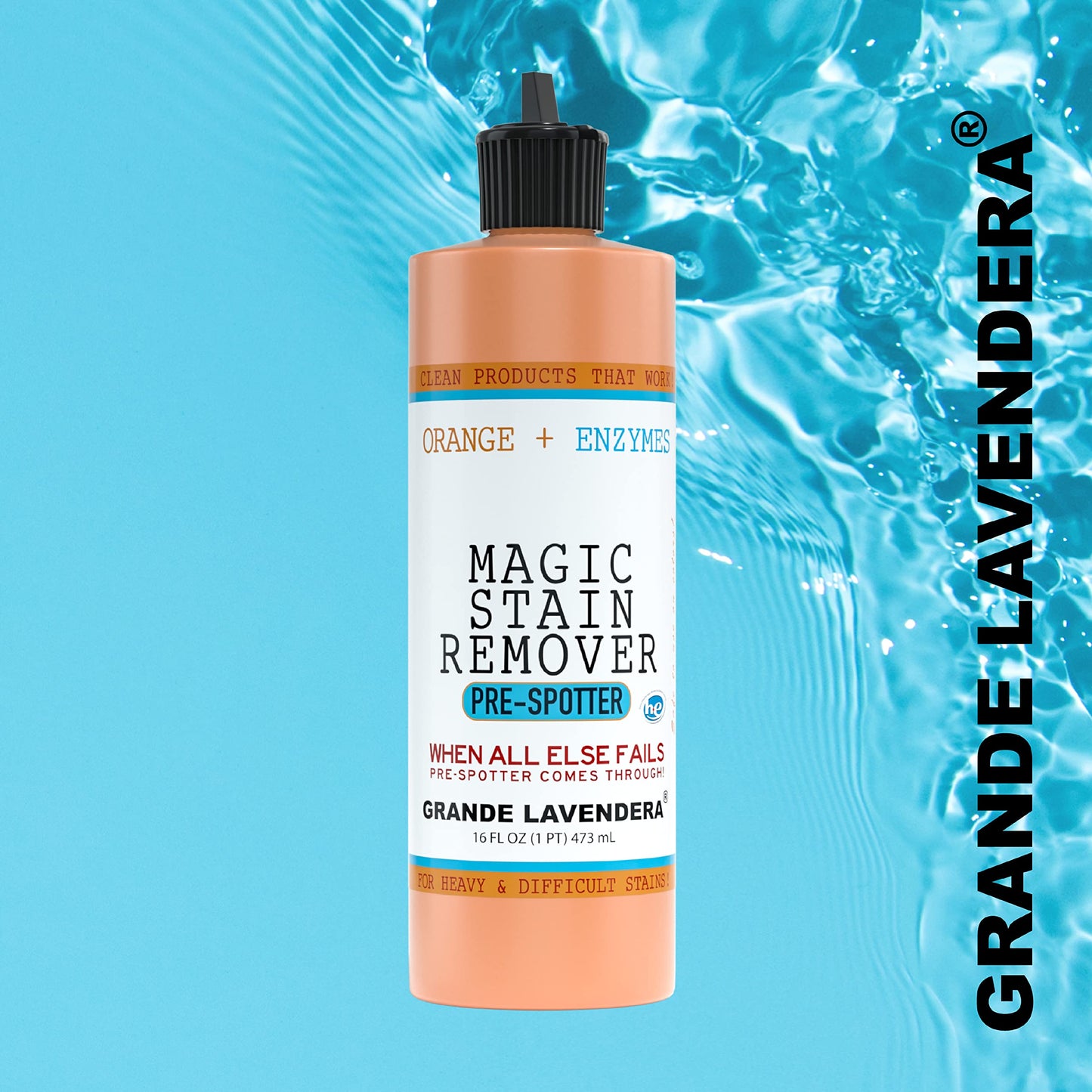 Grande Lavendera® Magic Stain Removal Liquid for Clothes, Orange Scented, Enzyme-Based Remover for Grease, Paint, Fabric and Shirts - 16 Fl oz