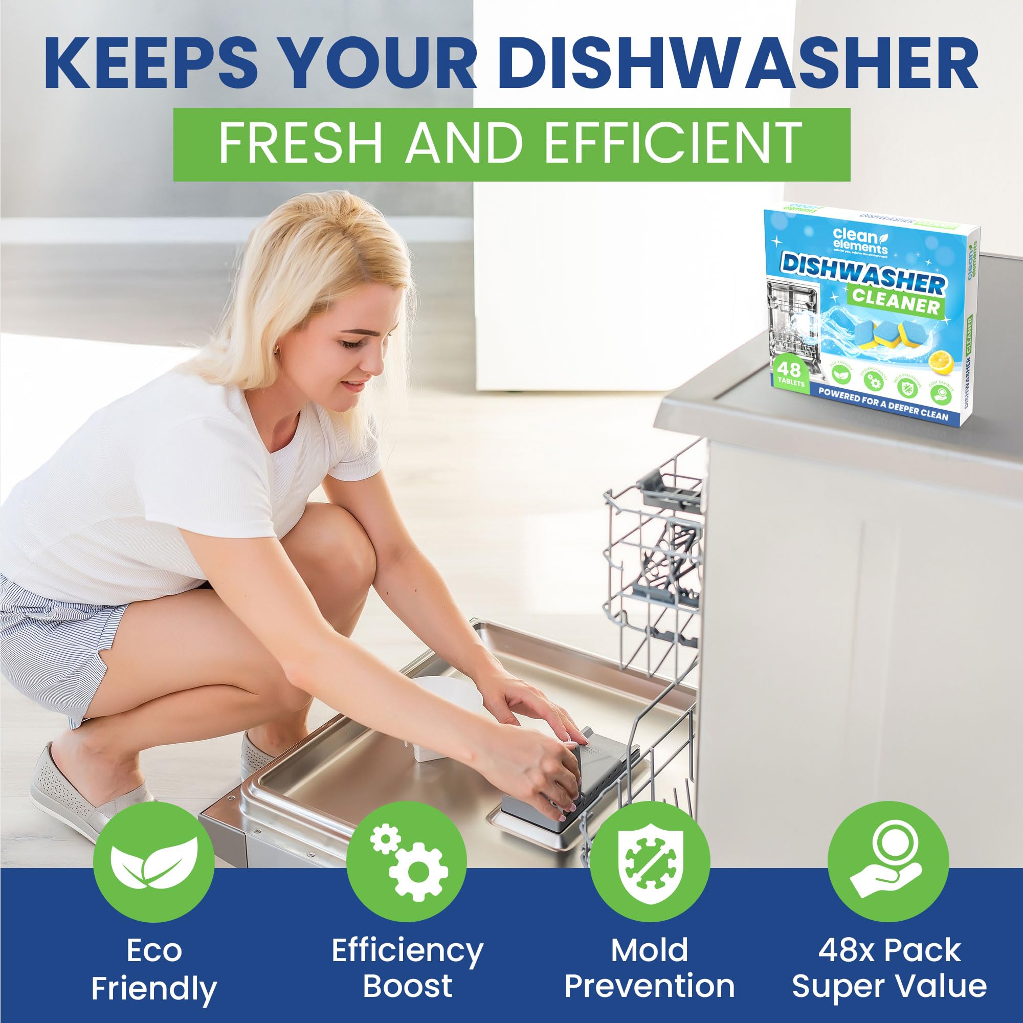Dishwasher Cleaner Tablets & Deodorizer - 48 Pack (2 Year Supply) Deep Cleaning Descaler Pods, Removes Limescale, Hard Water, Calcium, Grease & Odor