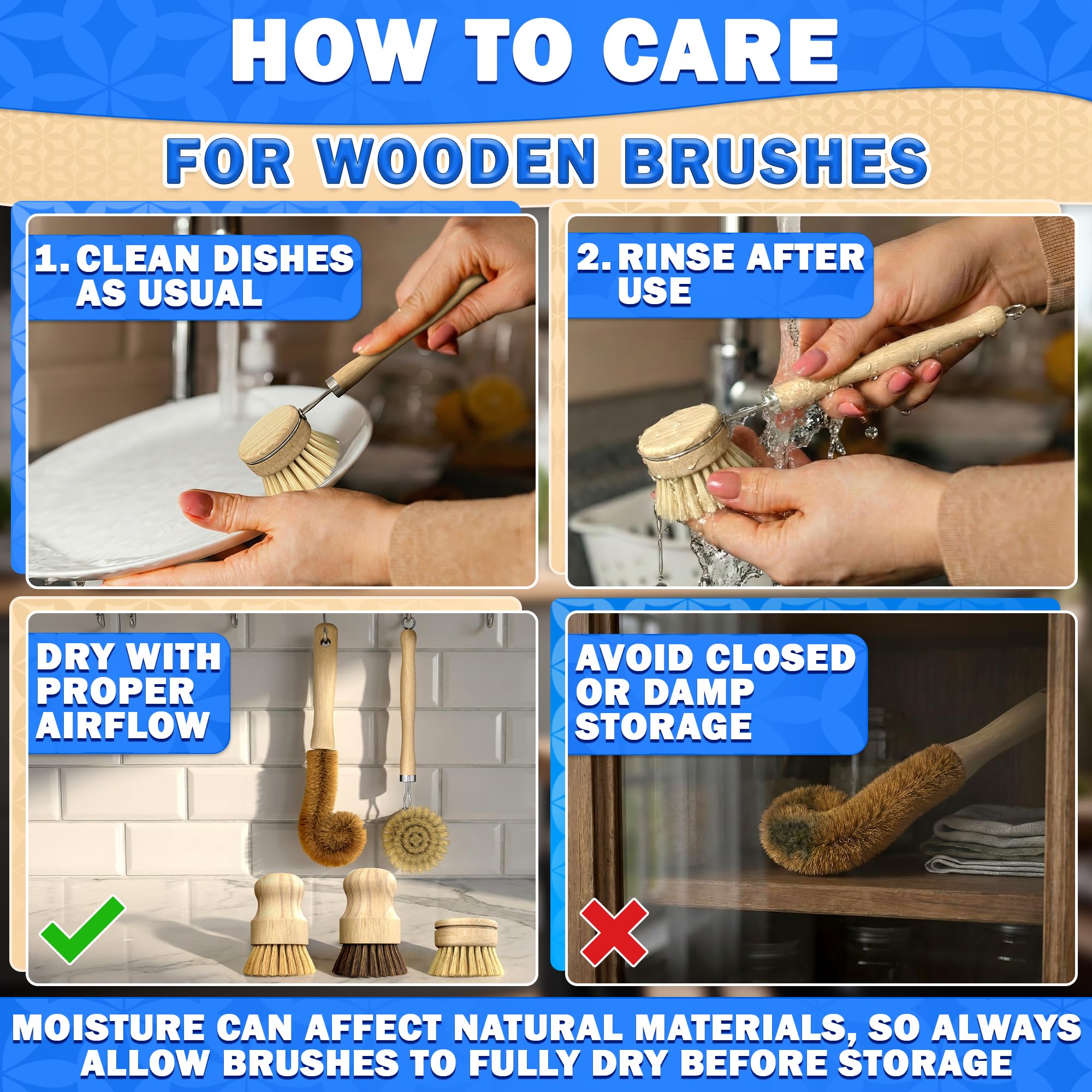 5 Pcs Bamboo Dish Brush Set - Bamboo Dish Scrubber with Soft & Stiff Non-Scratch Bristles, Ergonomic Handle, Replacement Head Included - Lightweight