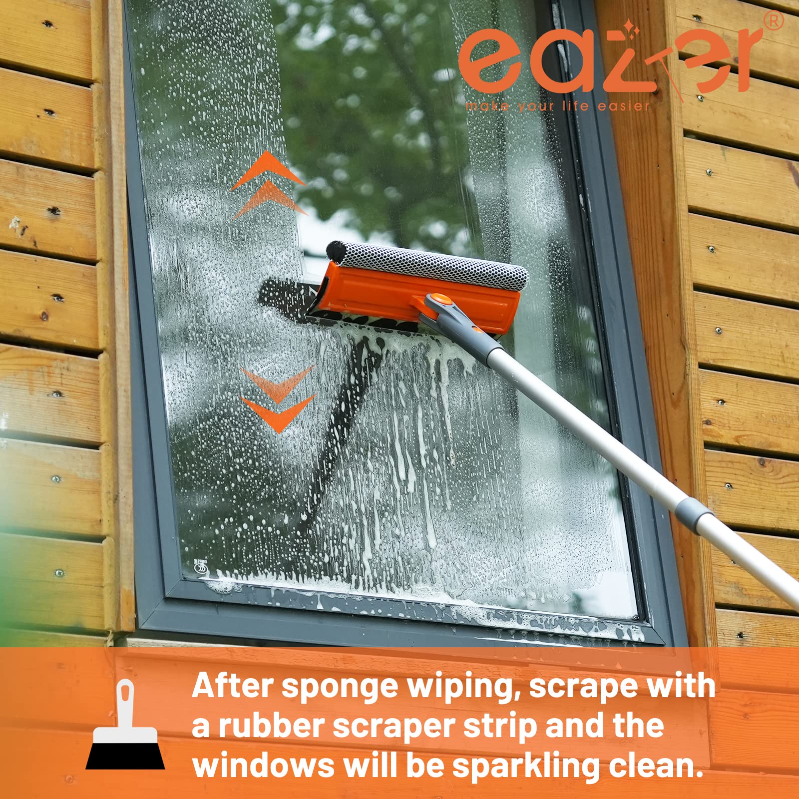 Eazer 46'' Professional Window Cleaner Tool, 2-in-1 Rotatable Squeegee for Window Cleaning Kit, Window Washing Equipment Kit with Threaded Extension