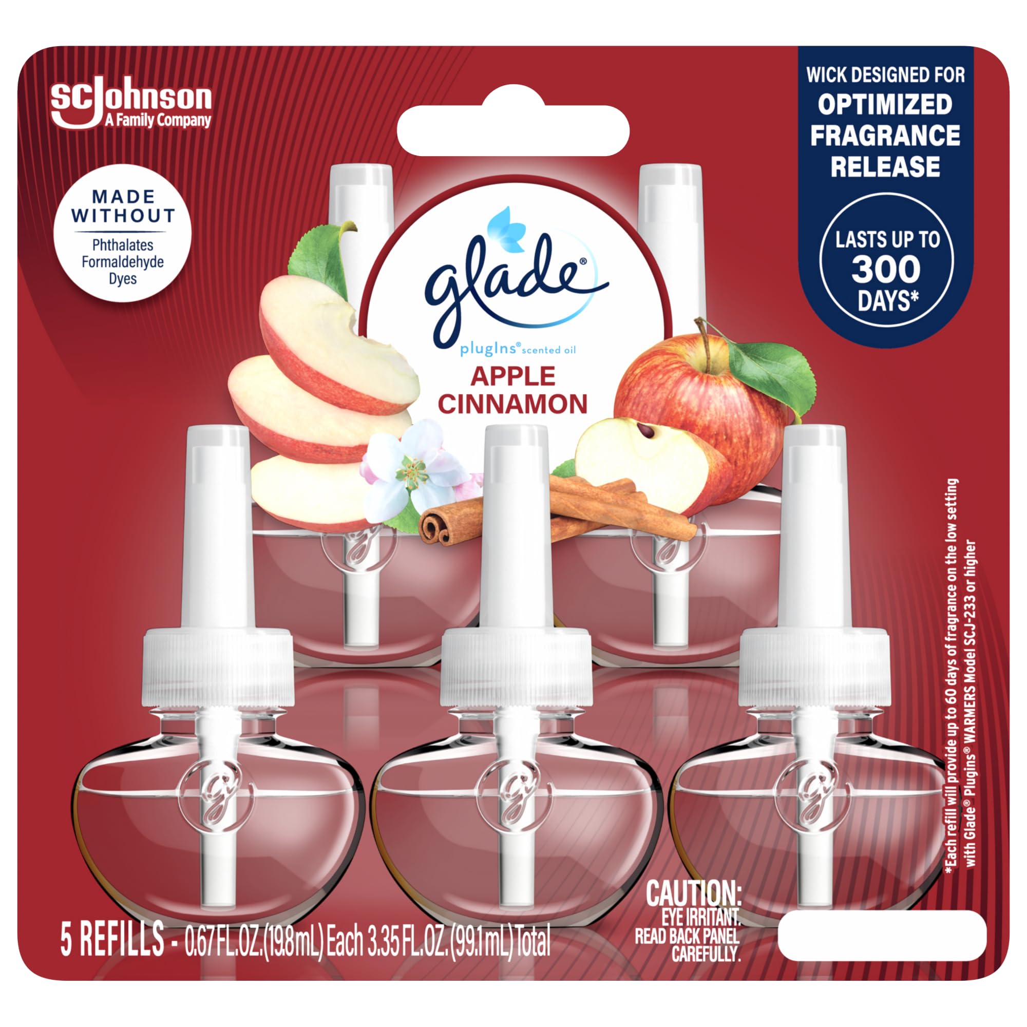 Glade PlugIns Refills Air Freshener, Scented and Essential Oils for Home and Bathroom, Apple Cinnamon, 3.35 Fl Oz, 5 Count