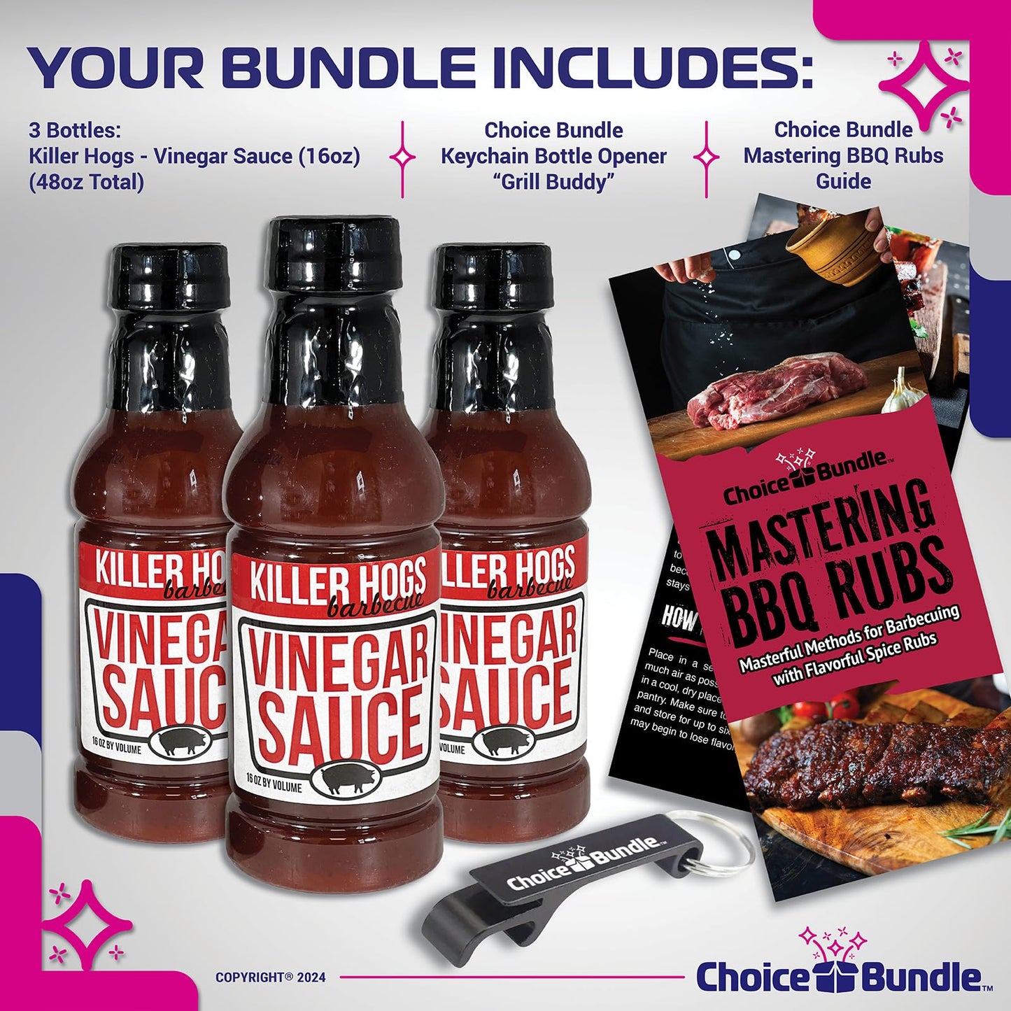 Killer Hogs Vinegar Sauce BBQ 3 pk (48 oz) Great to Dip Toss Glaze & More + Barbecue Masters & Bottle Opener (5 Items)!