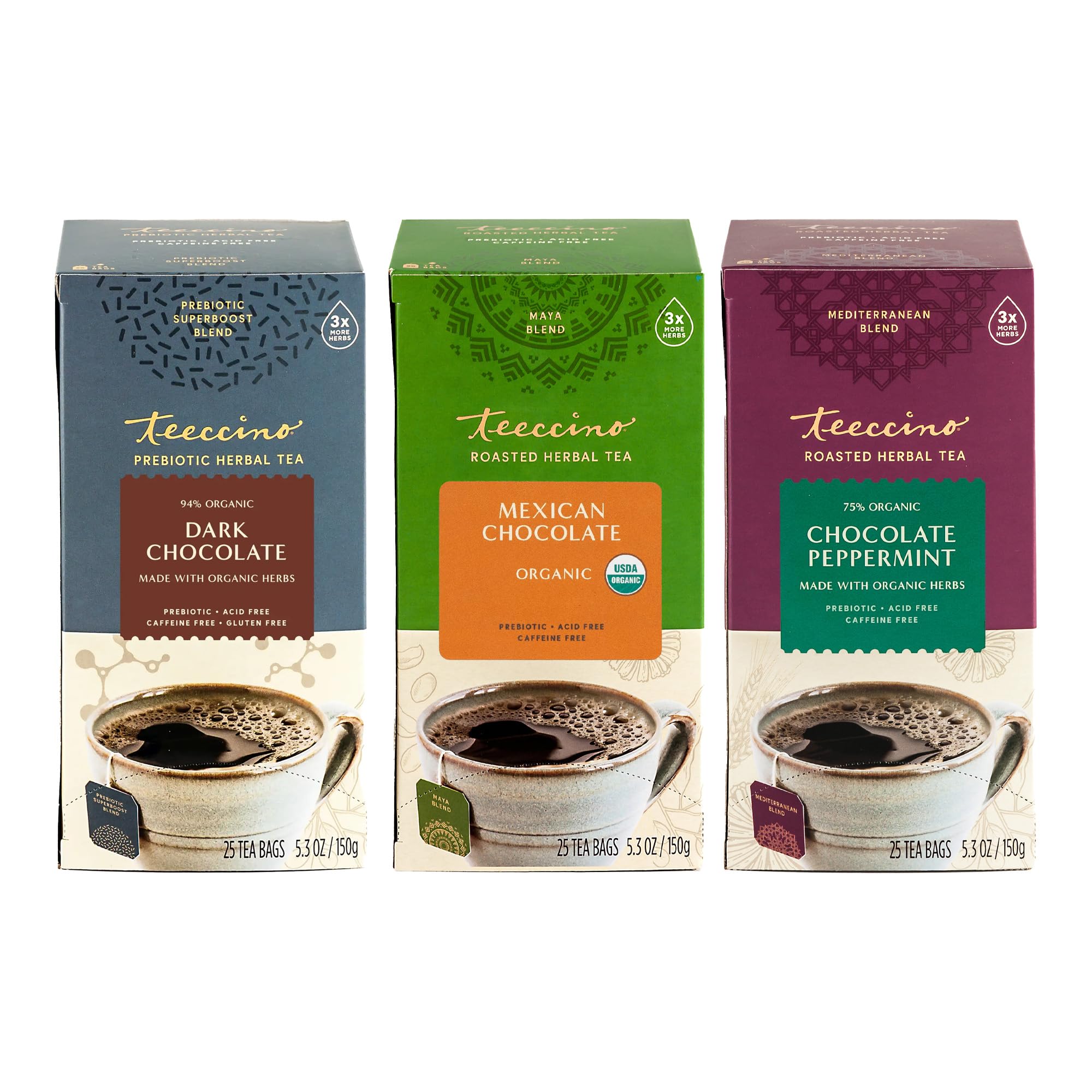 Teeccino Chocolate Lover’s Tea Variety Pack - Dark Chocolate, Mexican Chocolate, Chocolate Peppermint - Roasted Herbal Tea That’s Caffeine Free