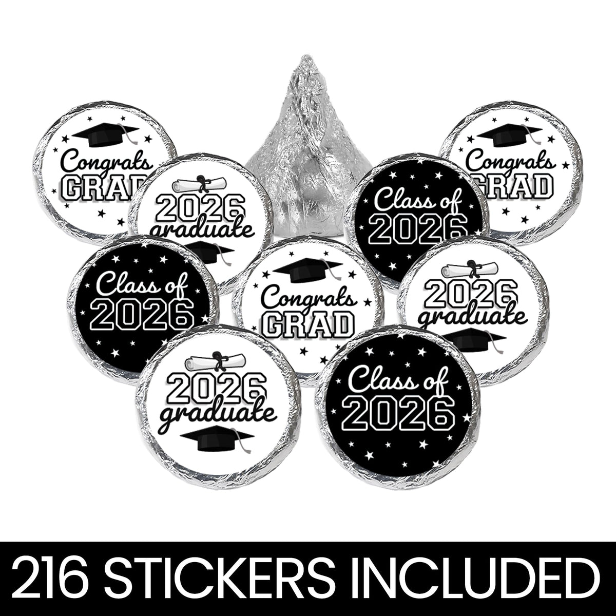 DISTINCTIVS Black White Class of 2026 Graduation Kiss Stickers, 216 Count