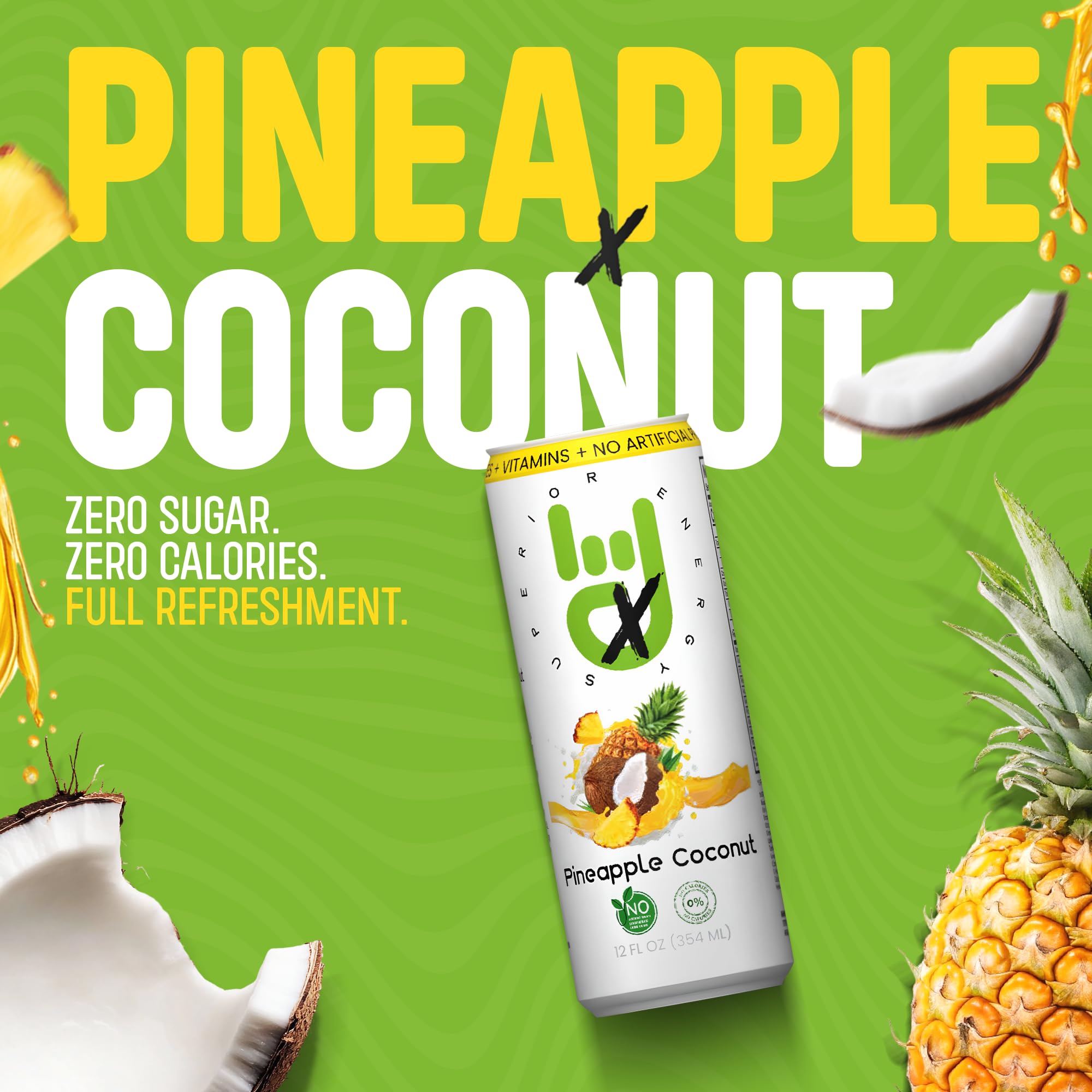 Superior Energy Electrolytes Drink Zero Calories - Energy Drink Zero Sugar - Pineapple Coconut Flavor, 90mg Natural Caffeine - Pack of 12 (12 fl oz