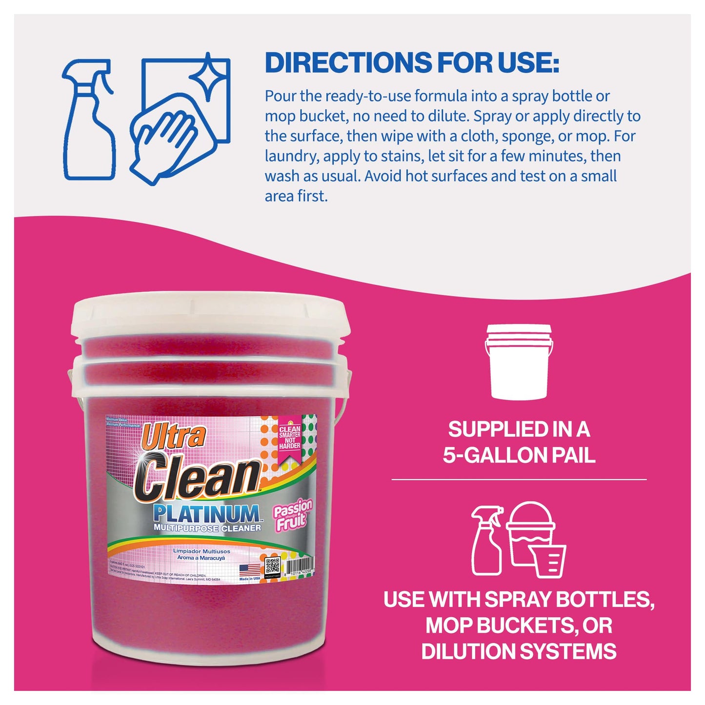 Ultra Clean Platinum Multipurpose Cleaner, Non-Abrasive and Bleach-Free, for Kitchen Counters, Bathroom Floors and Garage Spaces, Passion Fruit, 5 Gal